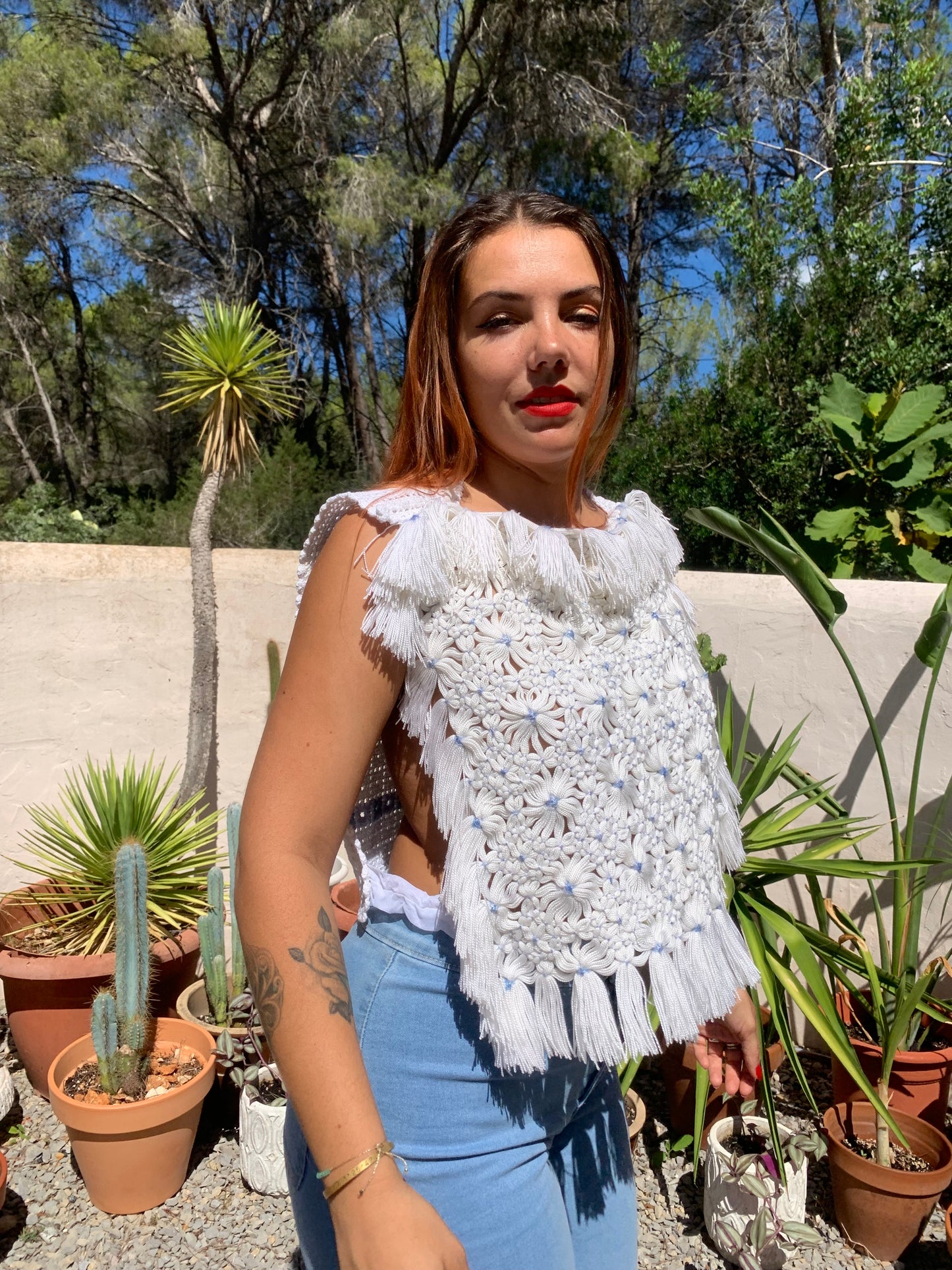 Reversals up-cycled white and baby blue crochet top by Vagabond Ibiza