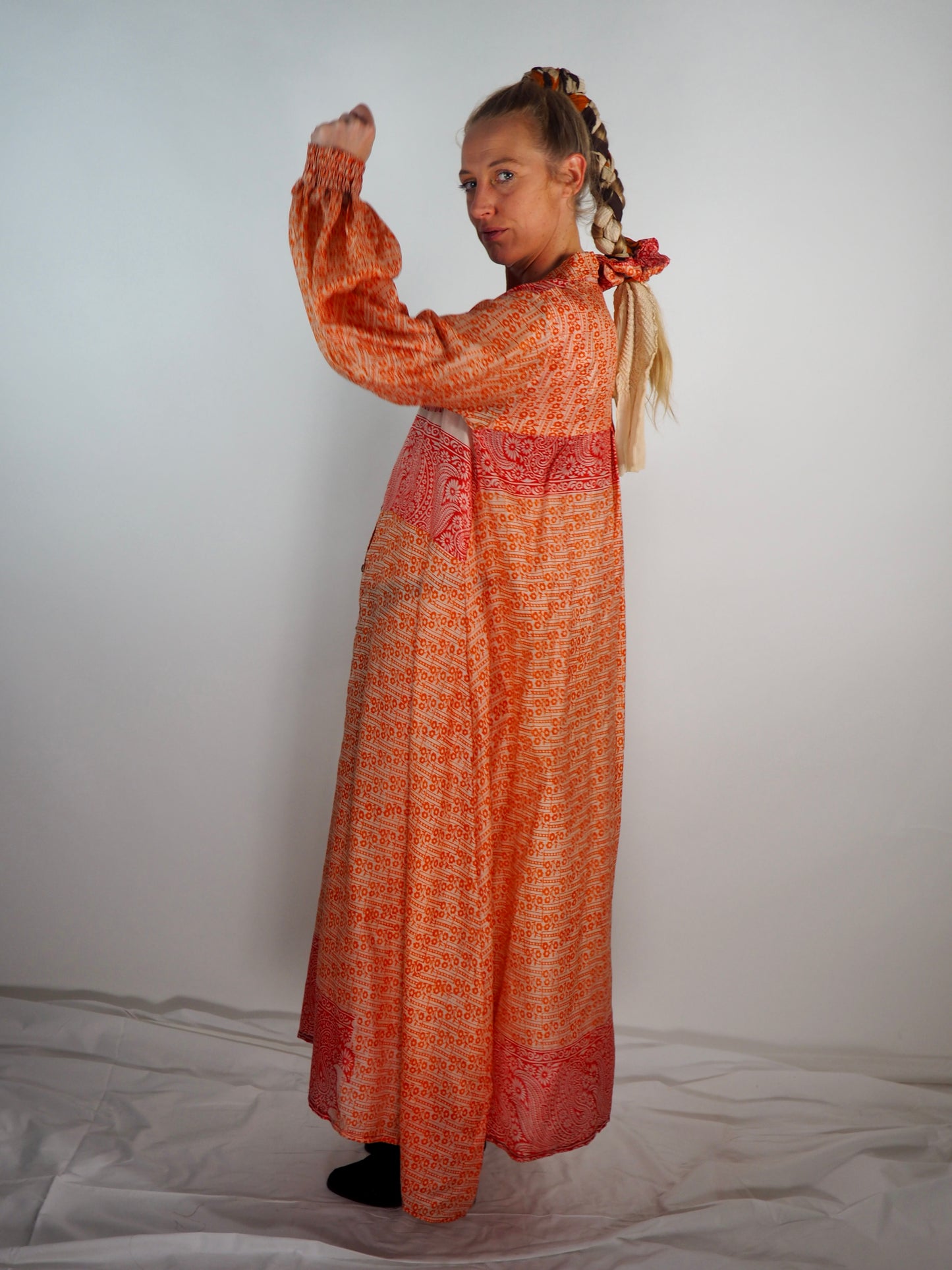 The Lenya Up-cycled Vintage Sari Dress – Sustainable Boho Dress with Oversized Sleeves Matching Scrunchy & Storage Bag