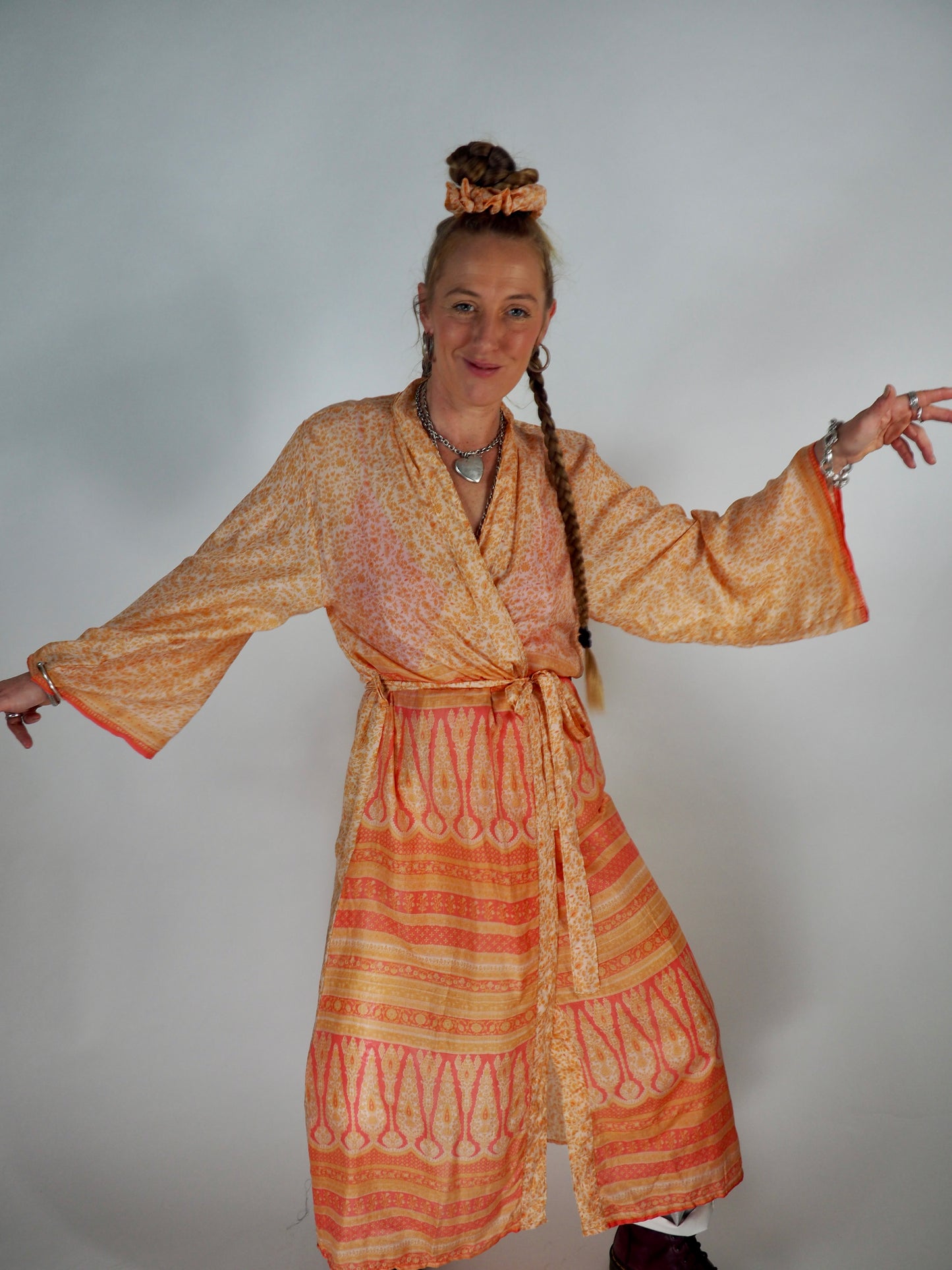 The Kardash Long Kimono – Up-cycled Vintage Sari long Kimono Robe with Waist Tie + Matching Scrunchy & Storage Bag