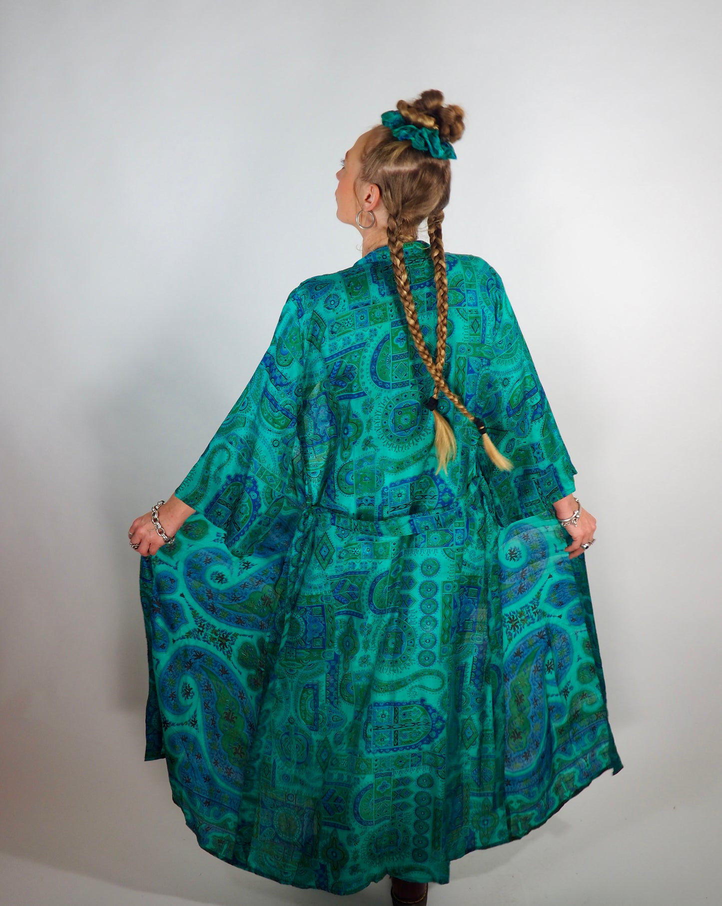 The Kardash Long Kimono – Up-cycled Vintage Sari long Kimono Robe with Waist Tie + Matching Scrunchy & Storage Bag