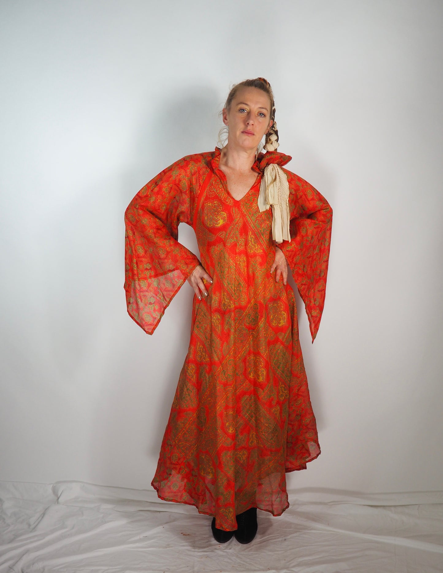 The Diamond Bias-Cut Maxi Dress – Up-cycled Vintage Sari Sustainable Dress with angel Sleeves + Matching Scrunchy & Bag