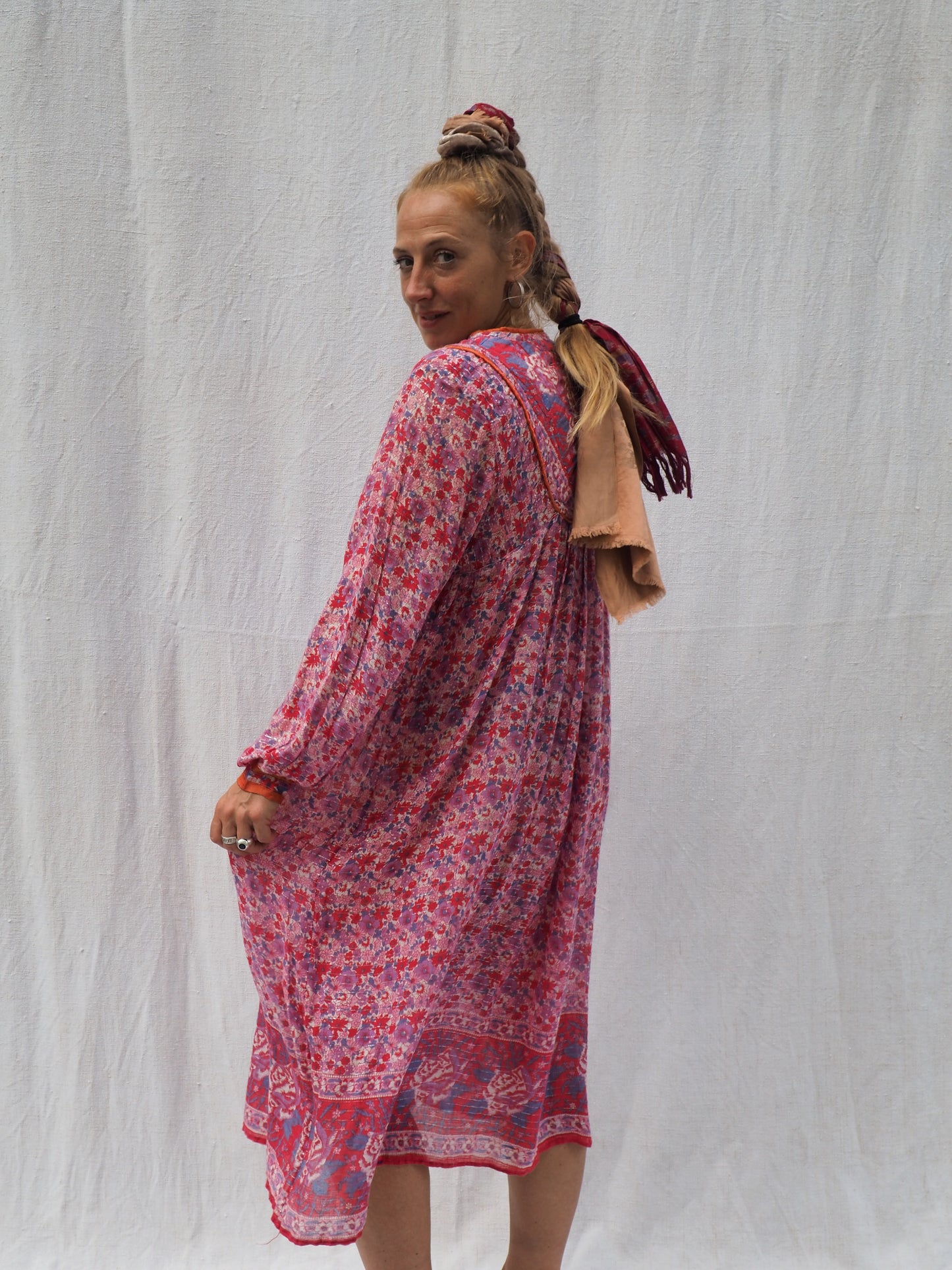 Vintage Original 1970’s rare Indian fine cotton block printed floral dress in pink