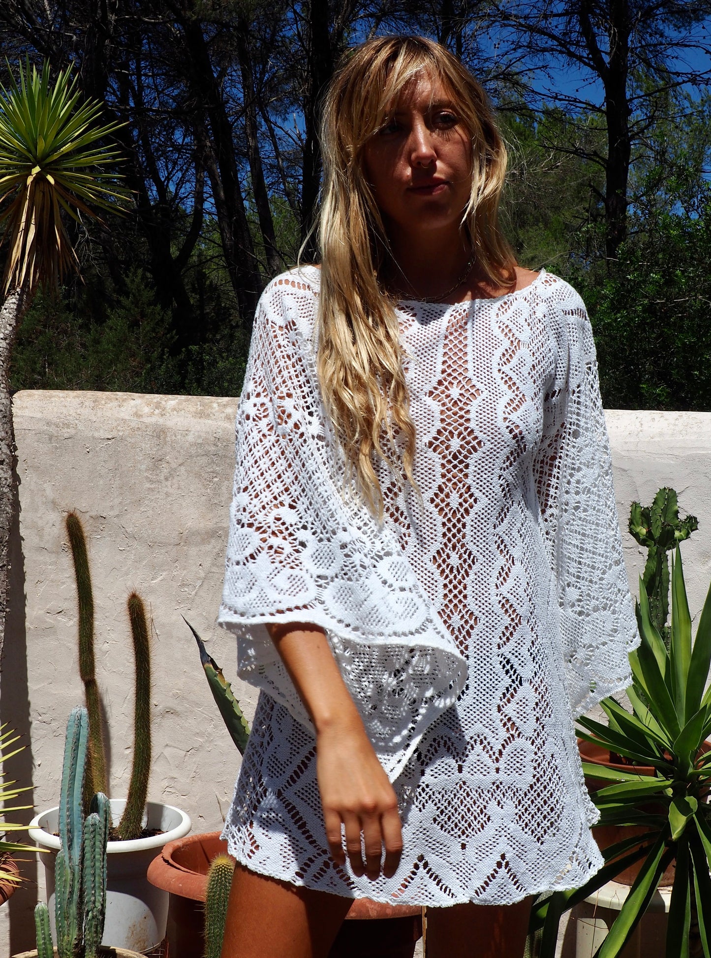 White vintage crochet bell sleeve shirt dress up-cycled by Vagabond Ibiza