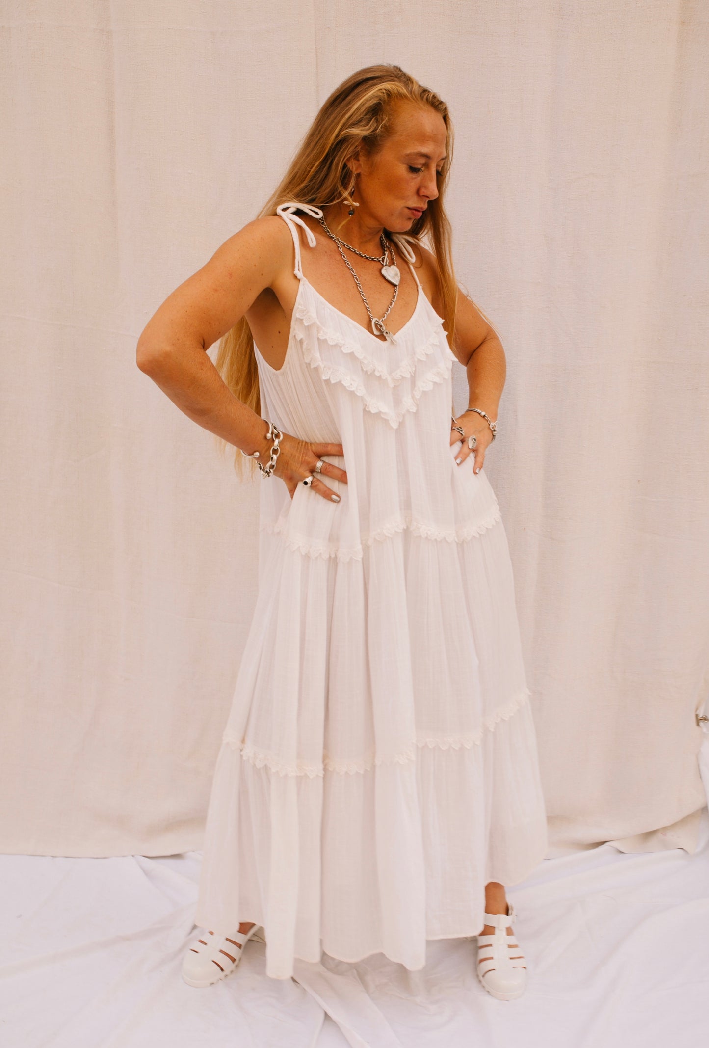 Vintage White Maxi Dress with Ruffle Detail – Made by Vagabond Ibiza