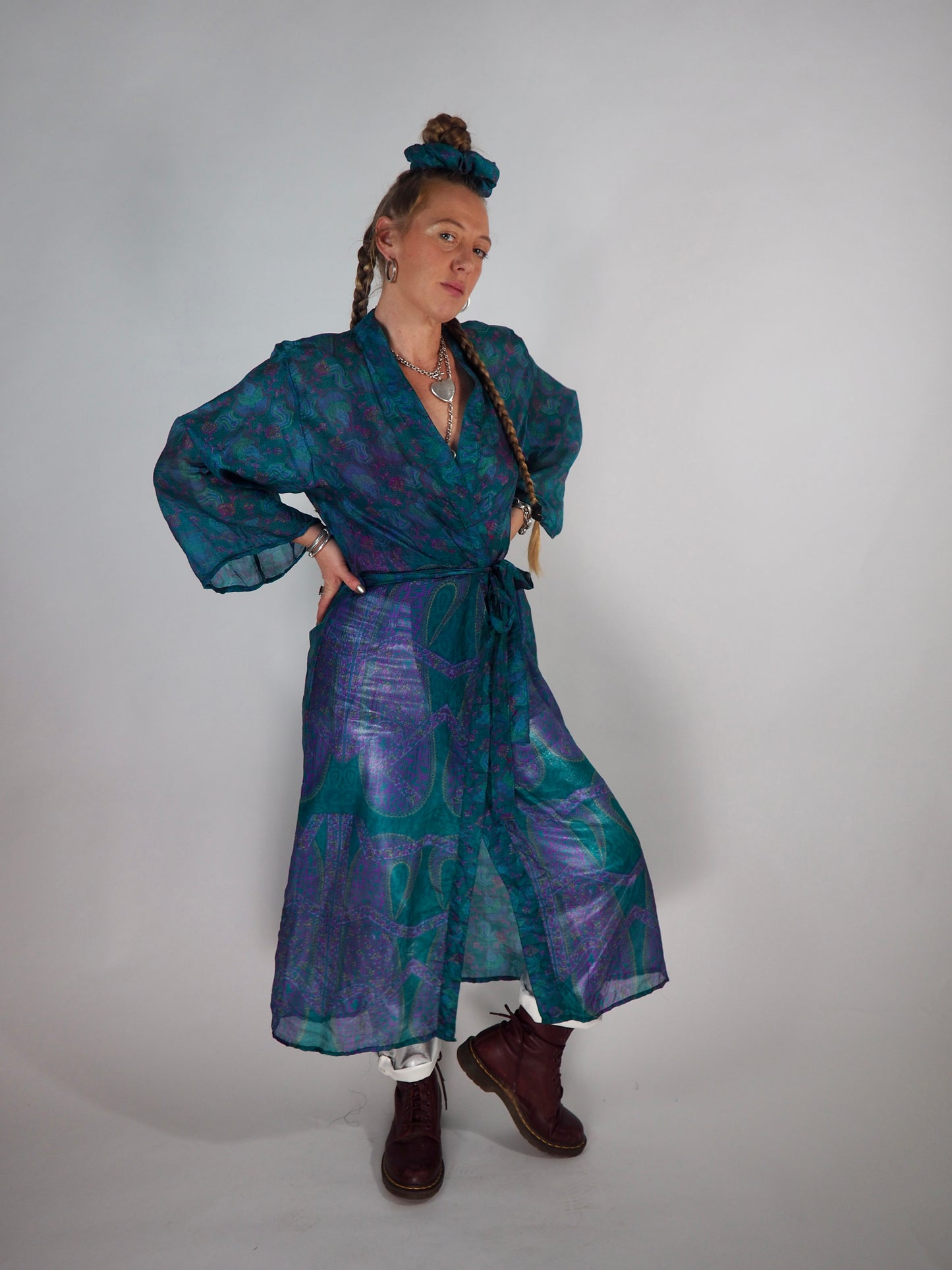 The Kardash Long Kimono – Up-cycled Vintage Sari long Kimono Robe with Waist Tie + Matching Scrunchy & Storage Bag