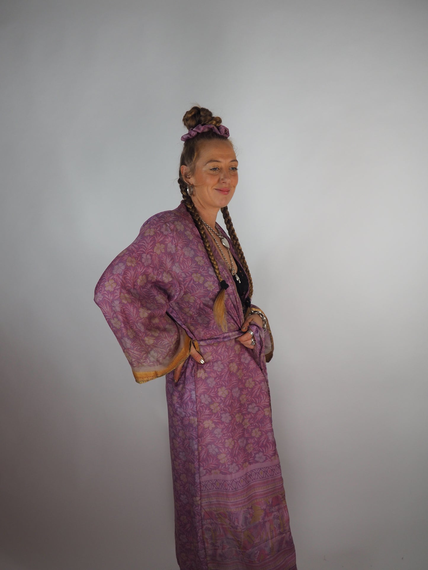 The Kardash Long Kimono – Up-cycled Vintage Sari long Kimono Robe with Waist Tie + Matching Scrunchy & Storage Bag