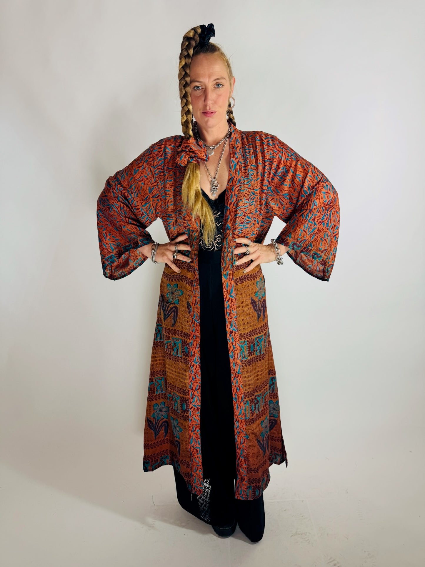 The Kardash Long Kimono – Up-cycled Vintage Sari long Kimono Robe with Waist Tie + Matching Scrunchy & Storage Bag