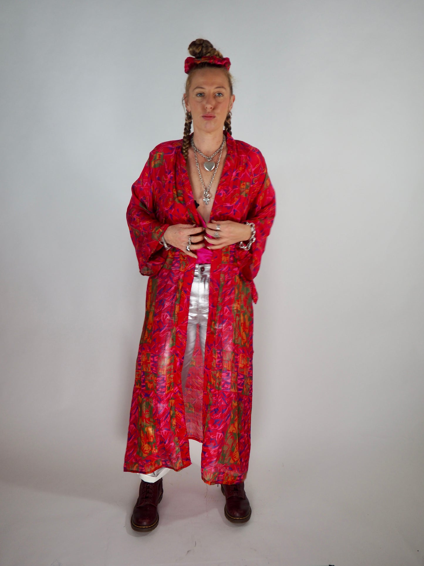 The Kardash Long Kimono – Up-cycled Vintage Sari long Kimono Robe with Waist Tie + Matching Scrunchy & Storage Bag