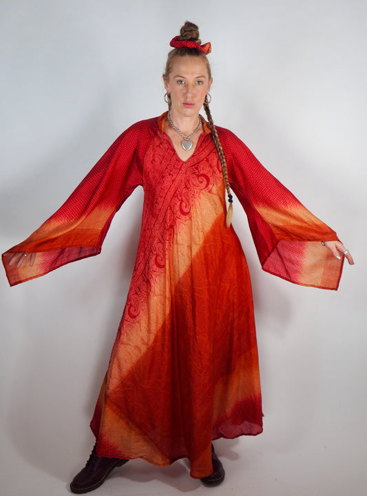 The Diamond Bias-Cut Maxi Dress – Up-cycled Vintage Sari Sustainable Dress with angel Sleeves + Matching Scrunchy & Bag