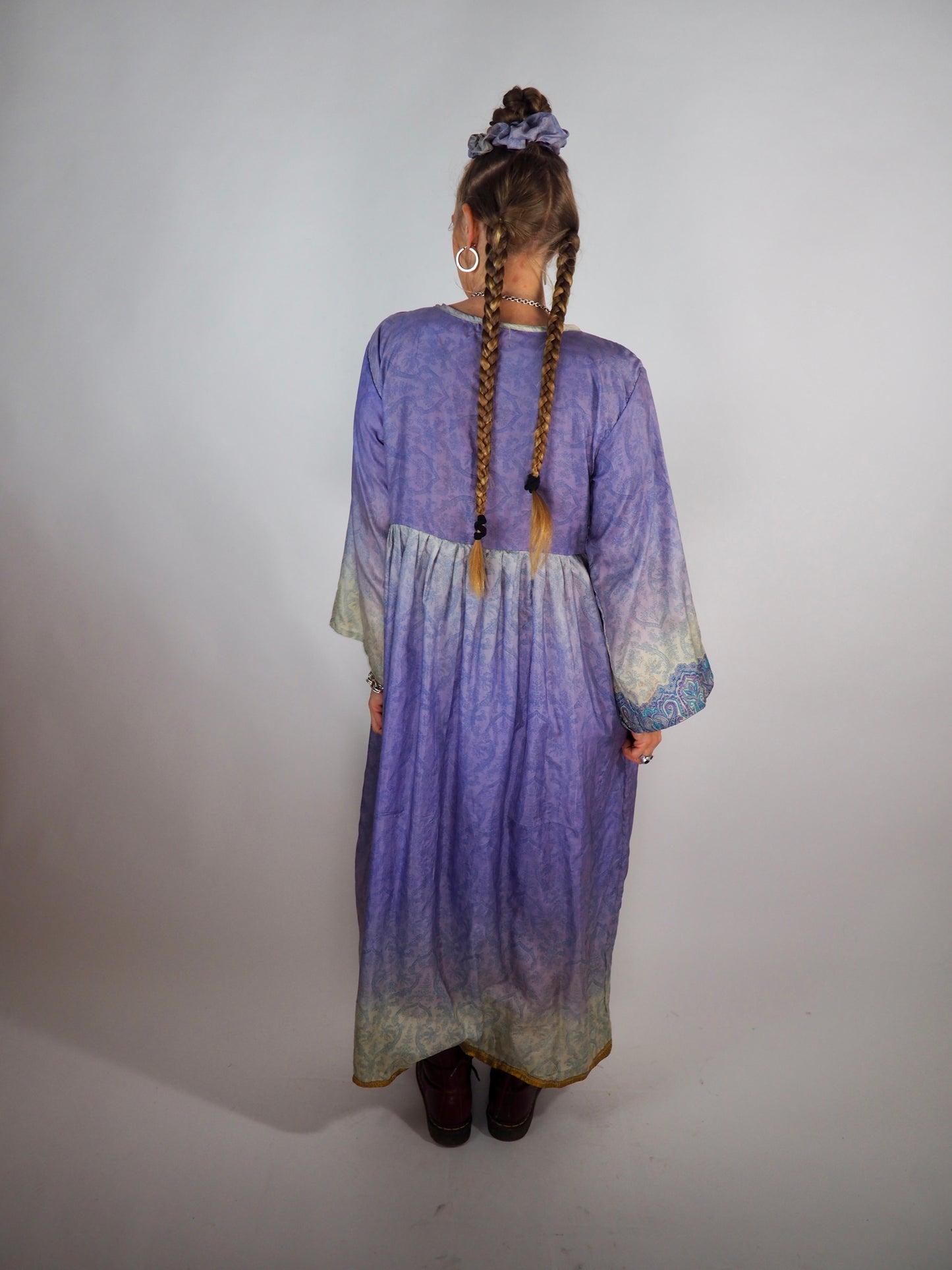 The Vadella Up-cycled Vintage Re-cycled Sari Maxi Dress – Sustainable Boho Dress with Tie Neck Detail + Matching Scrunchy & Bag