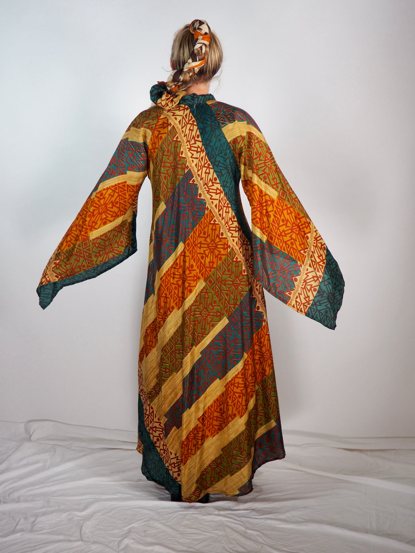 The Diamond Bias-Cut Maxi Dress – Up-cycled Vintage Sari Sustainable Dress with angel Sleeves + Matching Scrunchy & Bag