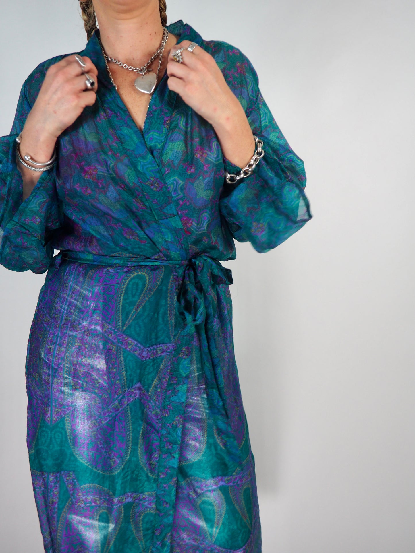 The Kardash Long Kimono – Up-cycled Vintage Sari long Kimono Robe with Waist Tie + Matching Scrunchy & Storage Bag