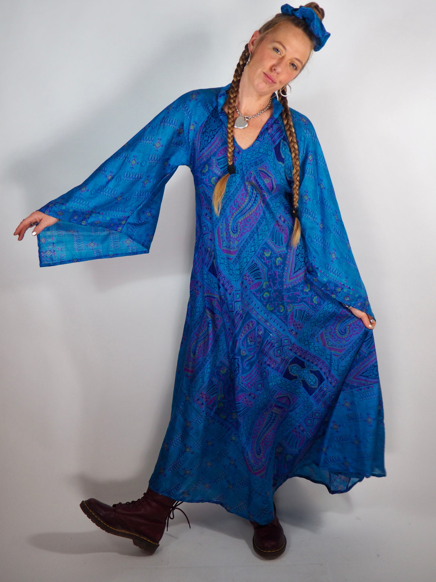 The Diamond Bias-Cut Maxi Dress – Up-cycled Vintage Sari Sustainable Dress with angel Sleeves + Matching Scrunchy & Bag