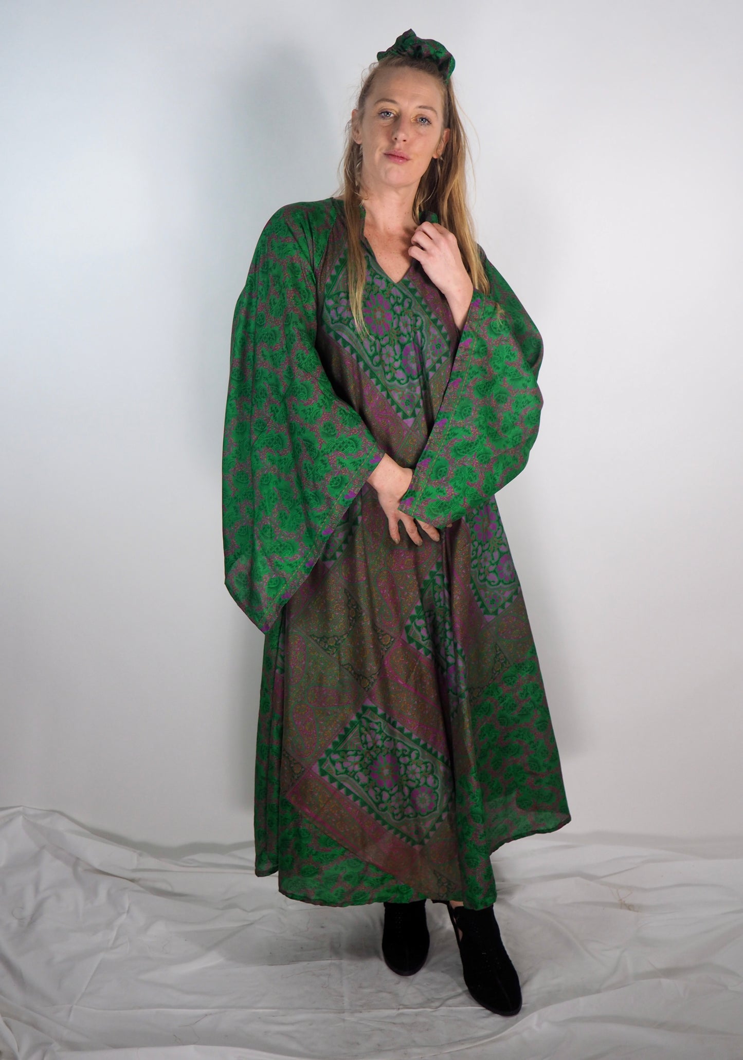 The Diamond Bias-Cut Maxi Dress – Up-cycled Vintage Sari Sustainable Dress with angel Sleeves + Matching Scrunchy & Bag