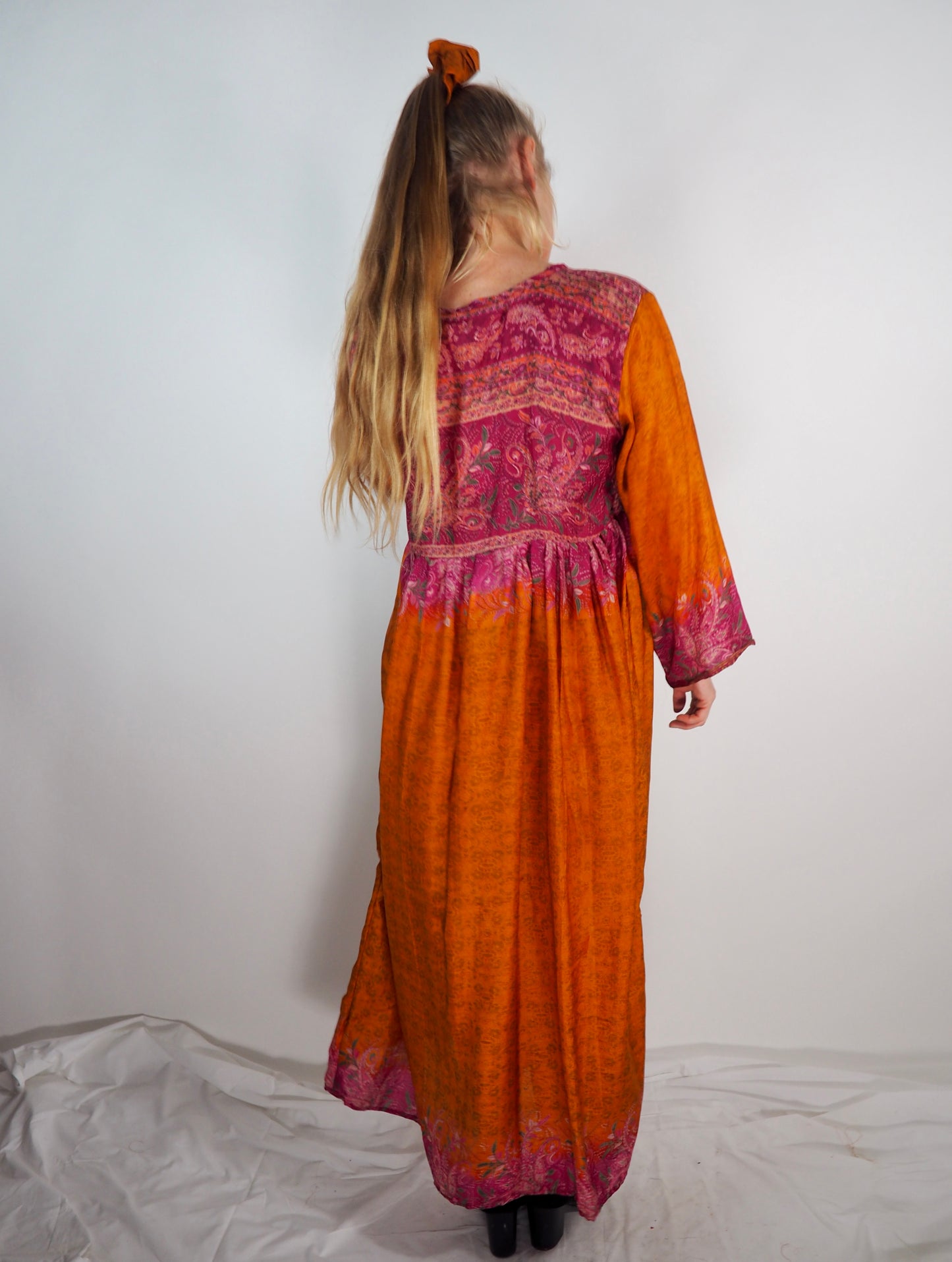 The Vadella Up-cycled Vintage Re-cycled Sari Maxi Dress – Sustainable Boho Dress with Tie Neck Detail + Matching Scrunchy & Bag