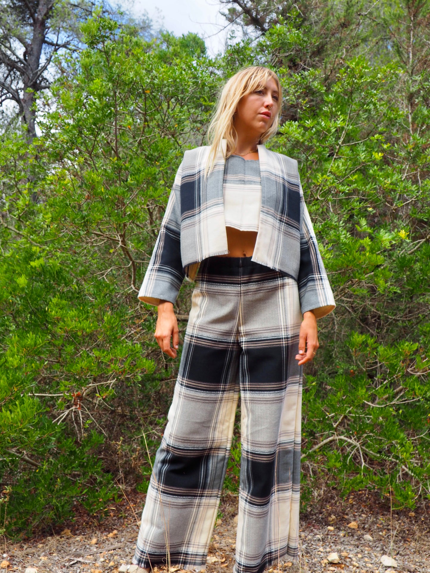 Up-cycled black and white checked cropped jacket nice quality a high end woven made by Vagabond Ibiza