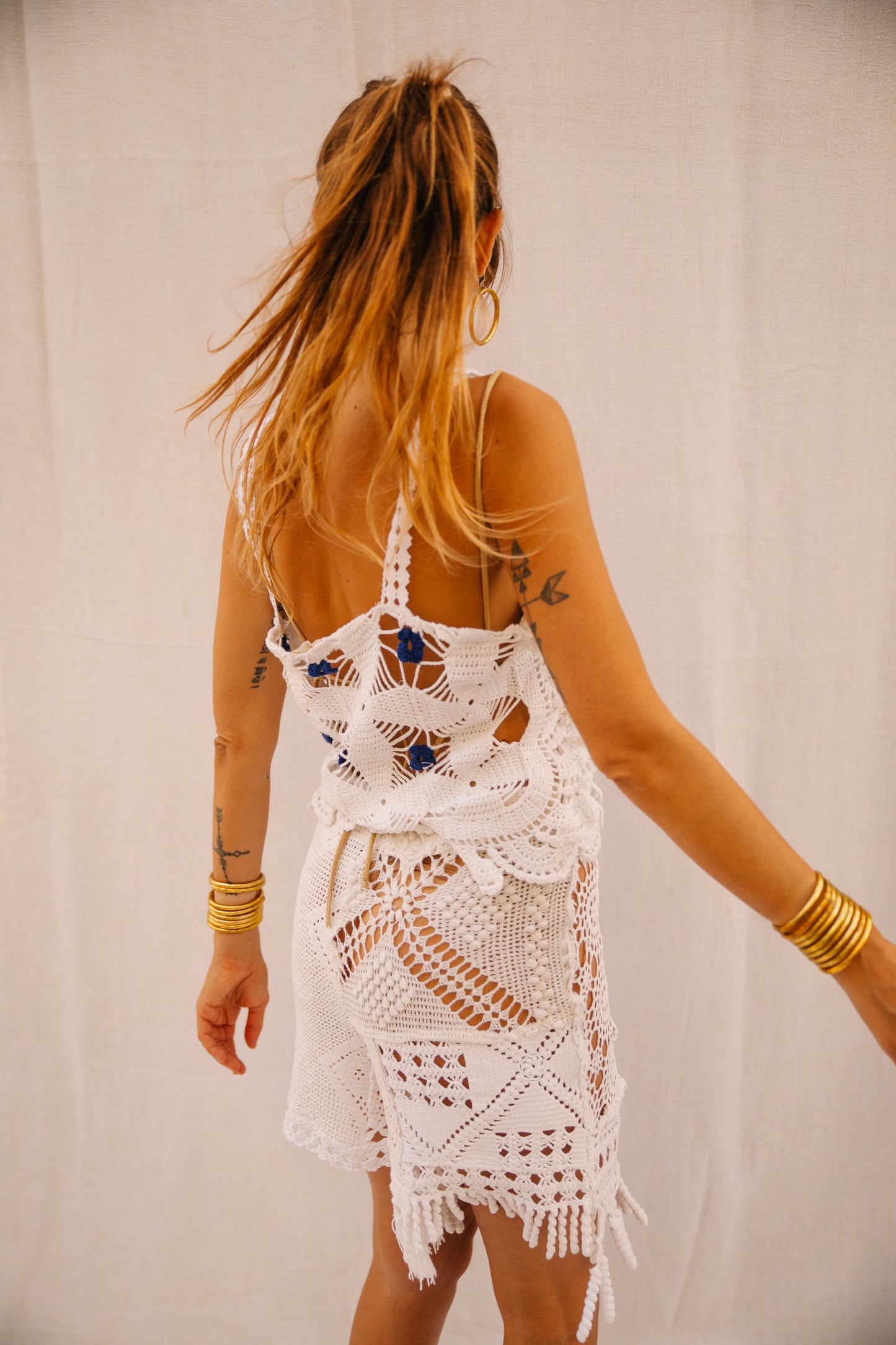 Up-cycled Crochet Top with Blue Flower Details – Handmade by Vagabond Ibiza