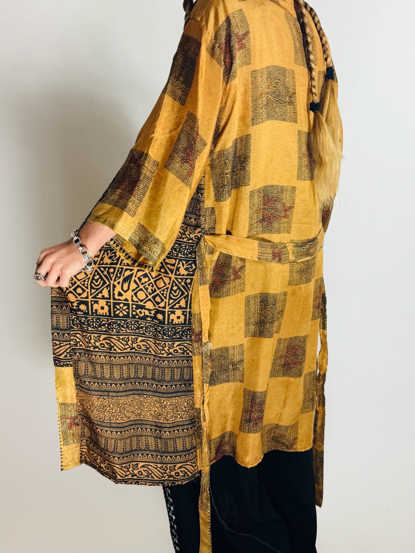 The Kardash Medium-Length Kimono – Up-cycled Vintage Sari Kimono Jacket with Waist Tie + Matching Scrunchy & Storage Bag