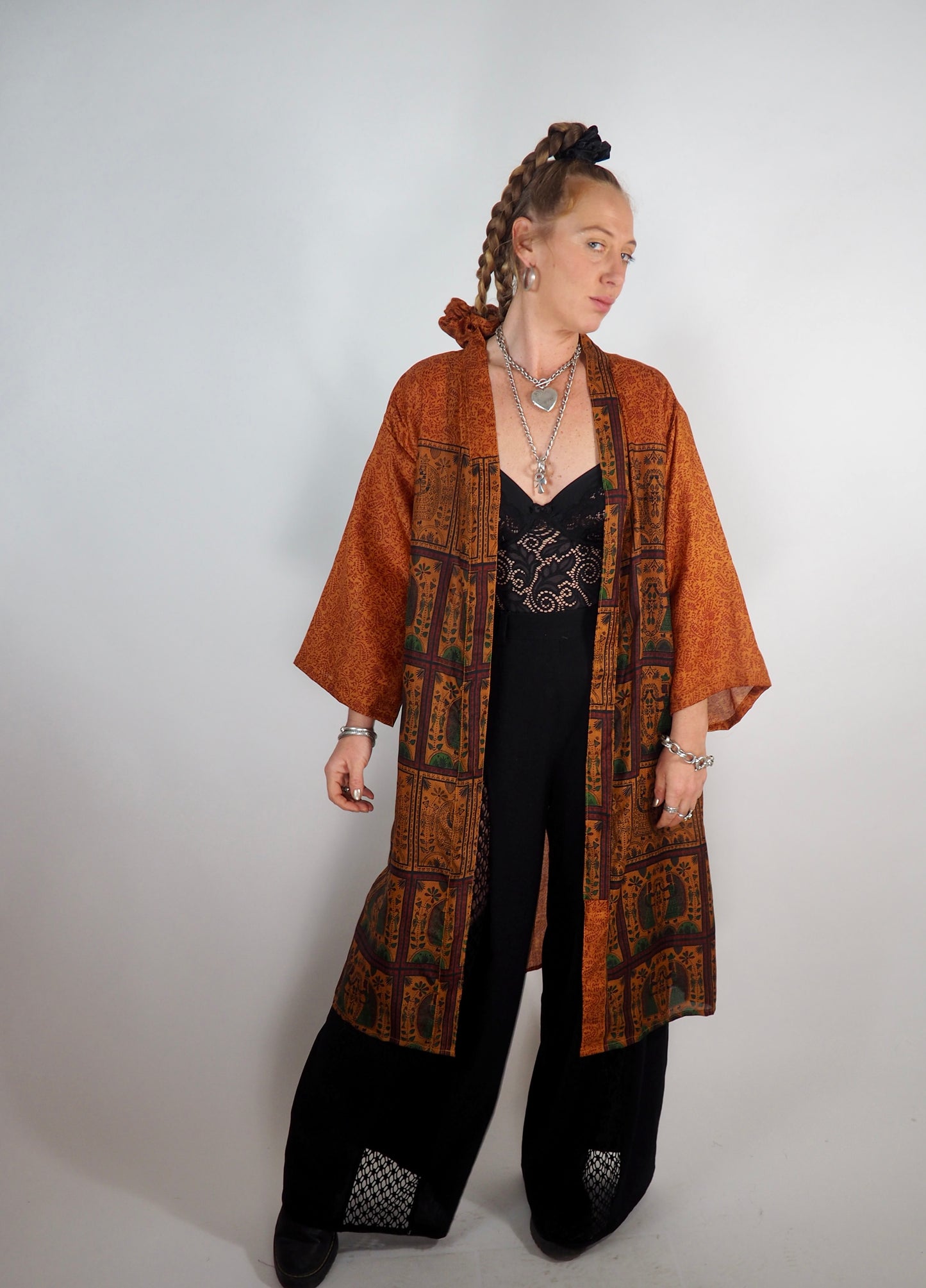 The Kardash Medium-Length Kimono – Up-cycled Vintage Sari Kimono Jacket with Waist Tie + Matching Scrunchy & Storage Bag