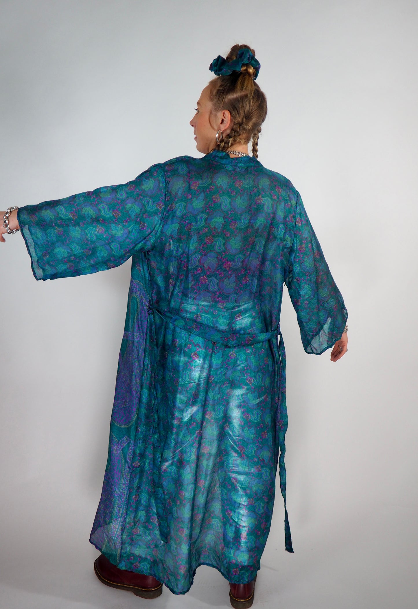 The Kardash Long Kimono – Up-cycled Vintage Sari long Kimono Robe with Waist Tie + Matching Scrunchy & Storage Bag