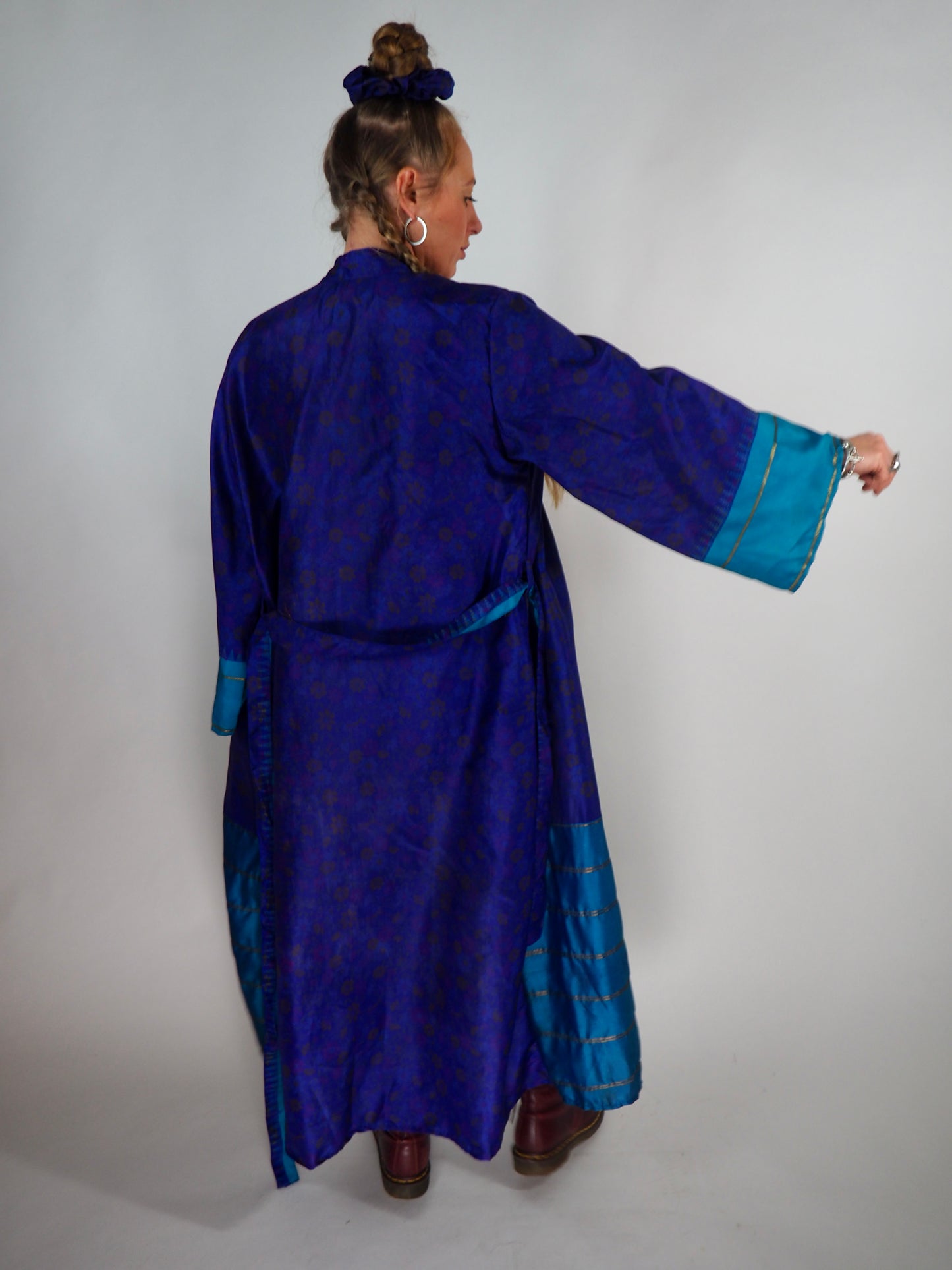 The Kardash Long Kimono – Up-cycled Vintage Sari long Kimono Robe with Waist Tie + Matching Scrunchy & Storage Bag