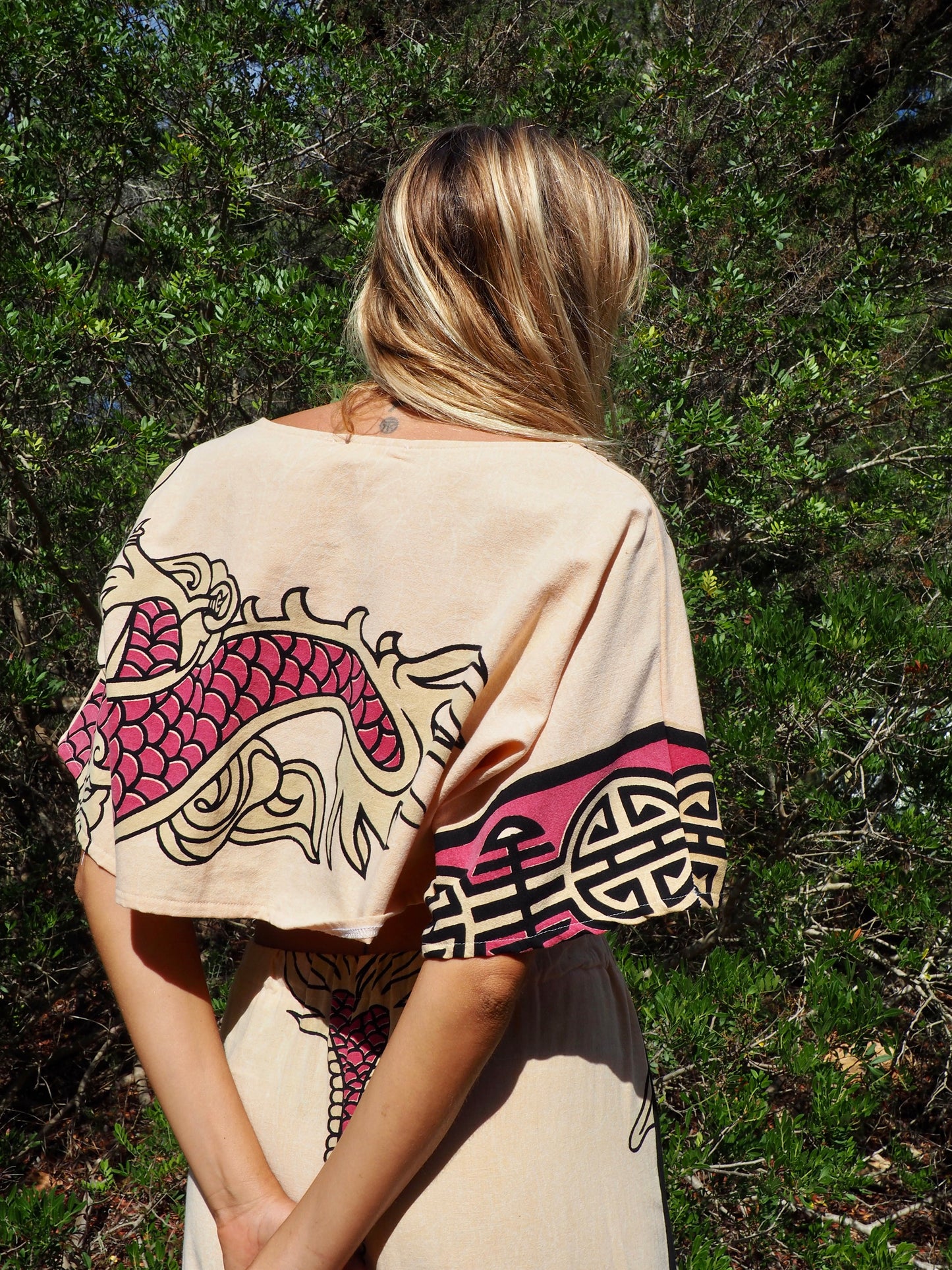 Up-cycled vintage cotton top cream and pink with dragon design by Vagabond Ibiza
