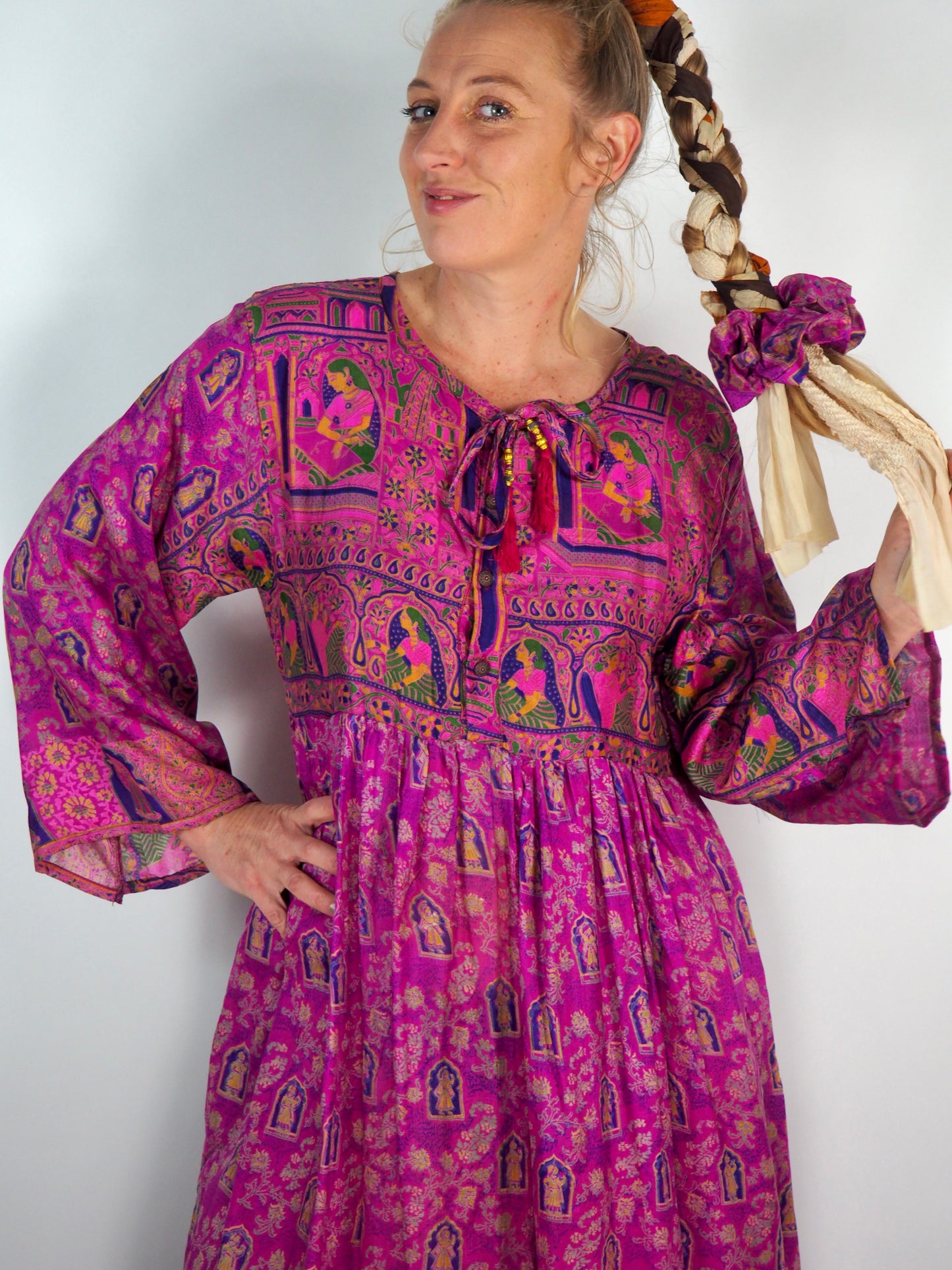 The Vadella Up-cycled Vintage Re-cycled Sari Maxi Dress – Sustainable Boho Dress with Tie Neck Detail + Matching Scrunchy & Bag