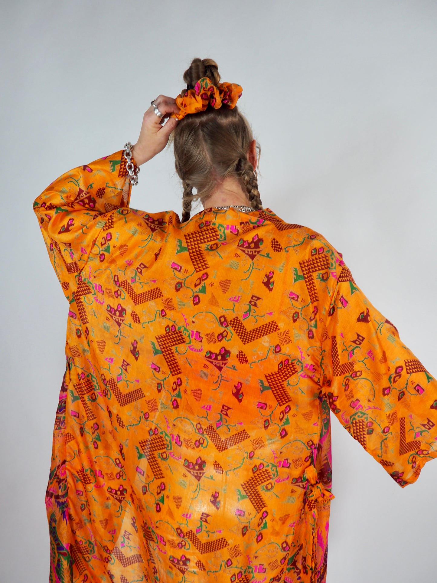 The Kardash Medium-Length Kimono – Up-cycled Vintage Sari Kimono Jacket with Waist Tie + Matching Scrunchy & Storage Bag