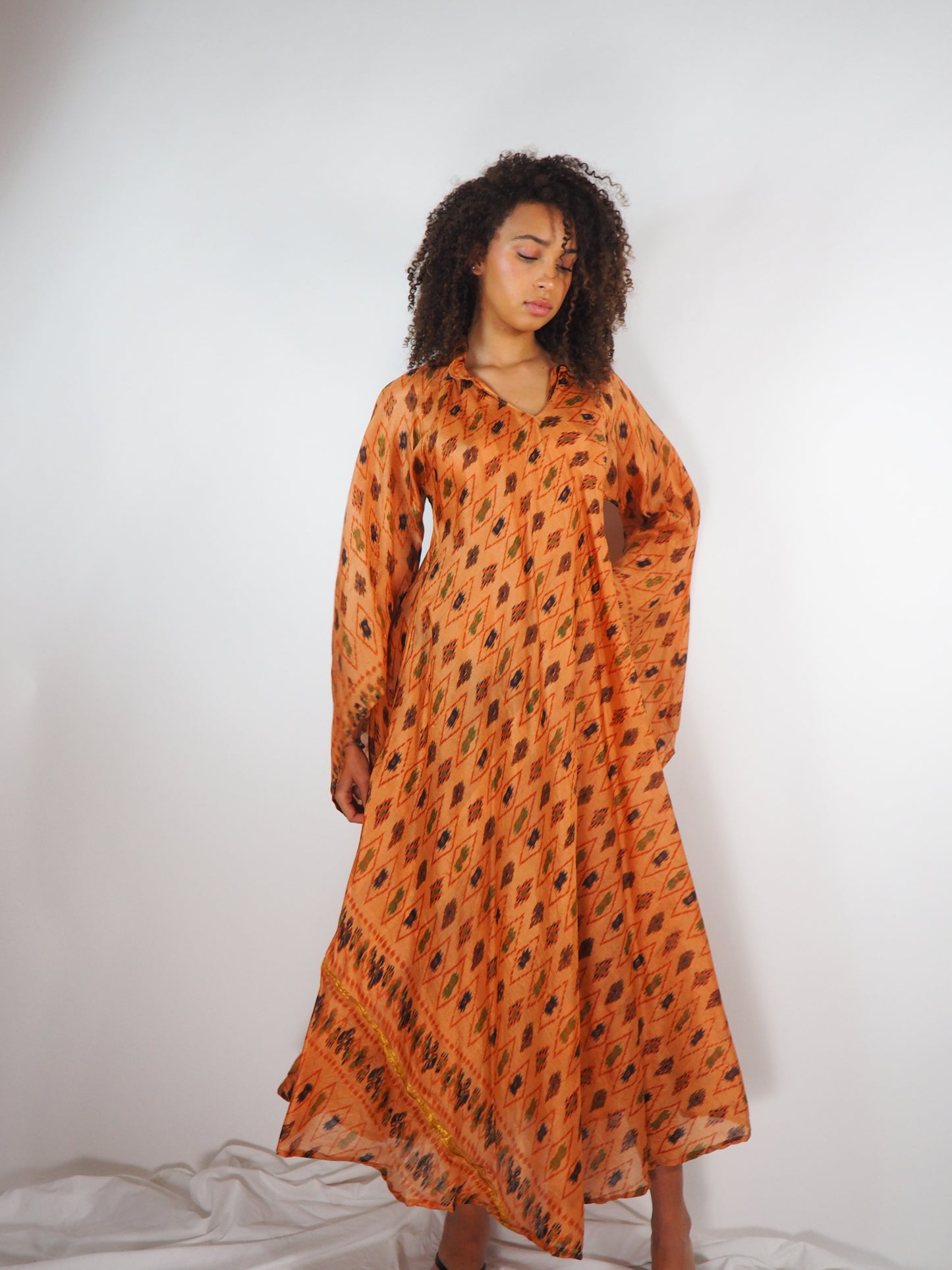 The Diamond Bias-Cut Maxi Dress – Up-cycled Vintage Sari Sustainable Dress with angel Sleeves + Matching Scrunchy & Bag