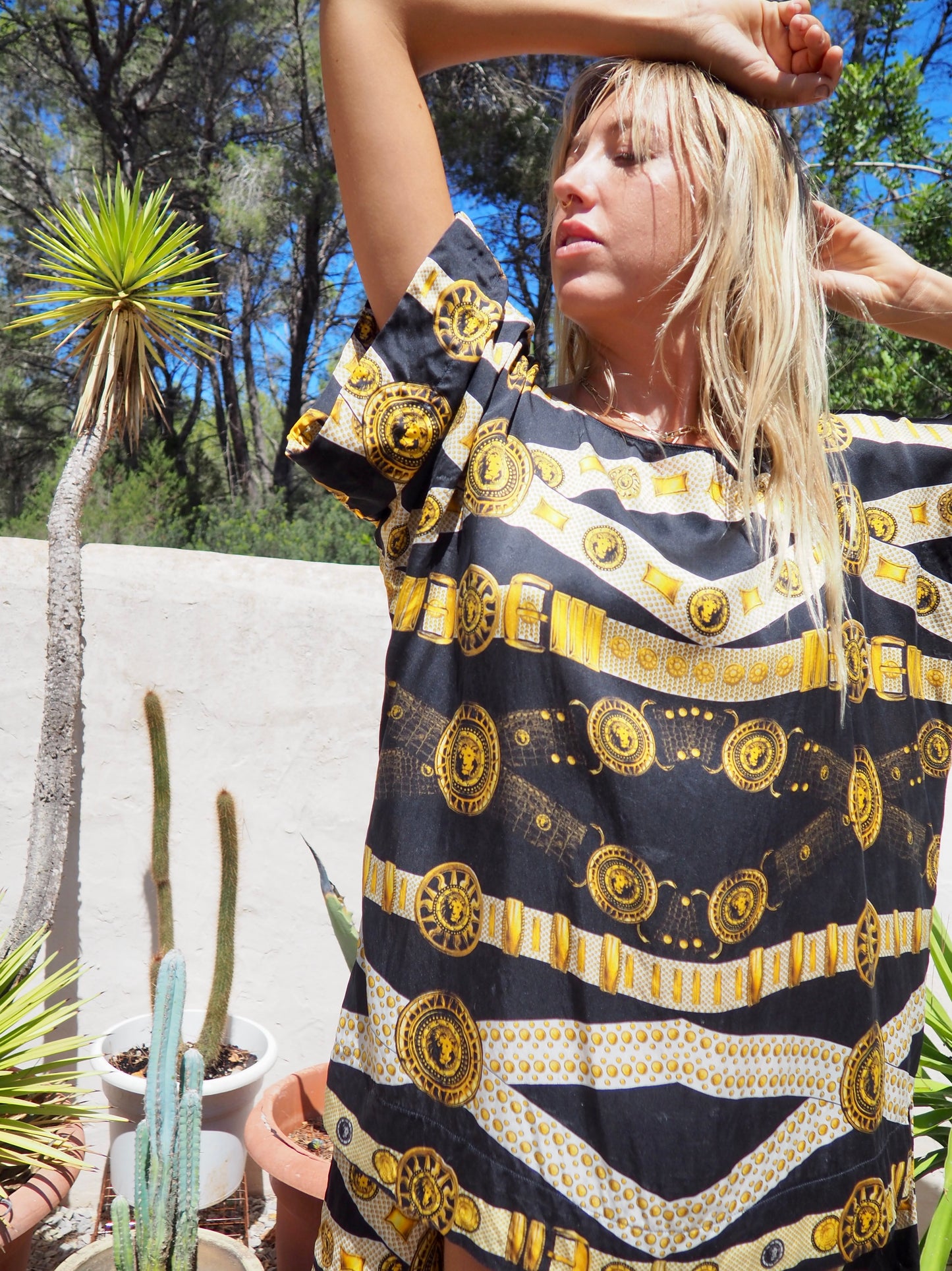 Pure silk black and gold printed dress/top super easy to wear day and night