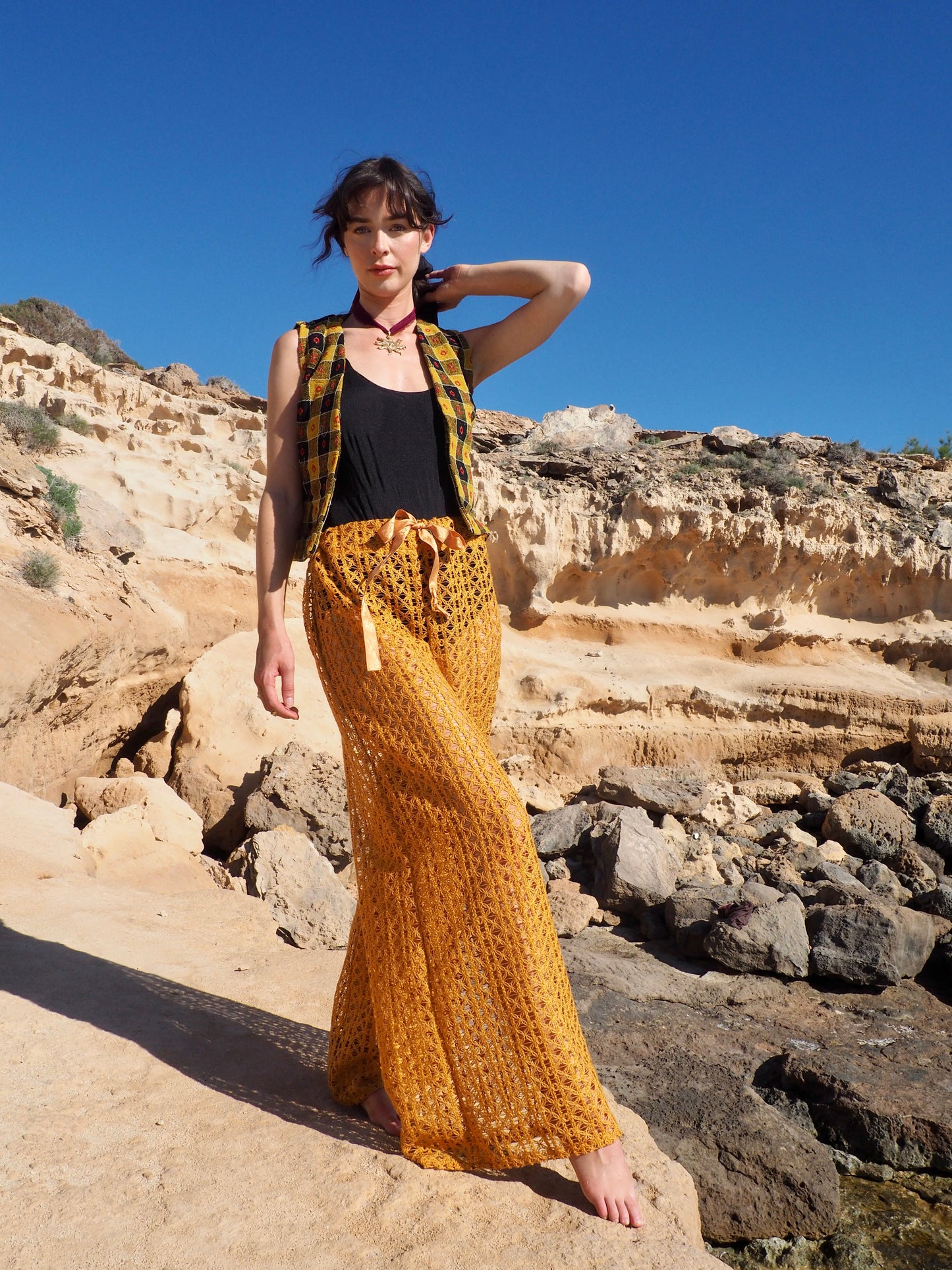 Up-cycled Mustard Yellow Wide-Leg Pants made from machine crochet textiles by Vagabond Ibiza