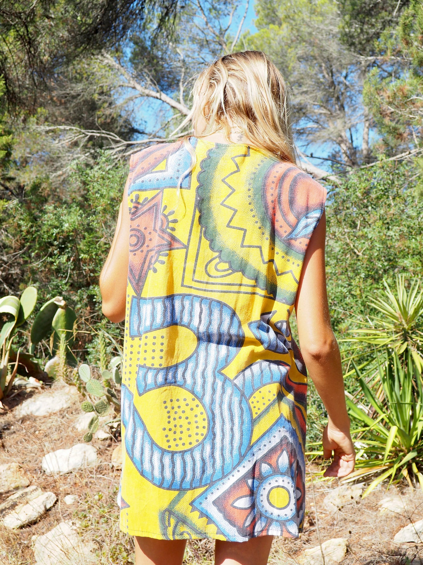 Up-cycled cotton funky bright colourful printed long waistcoat by Vagabond Ibiza