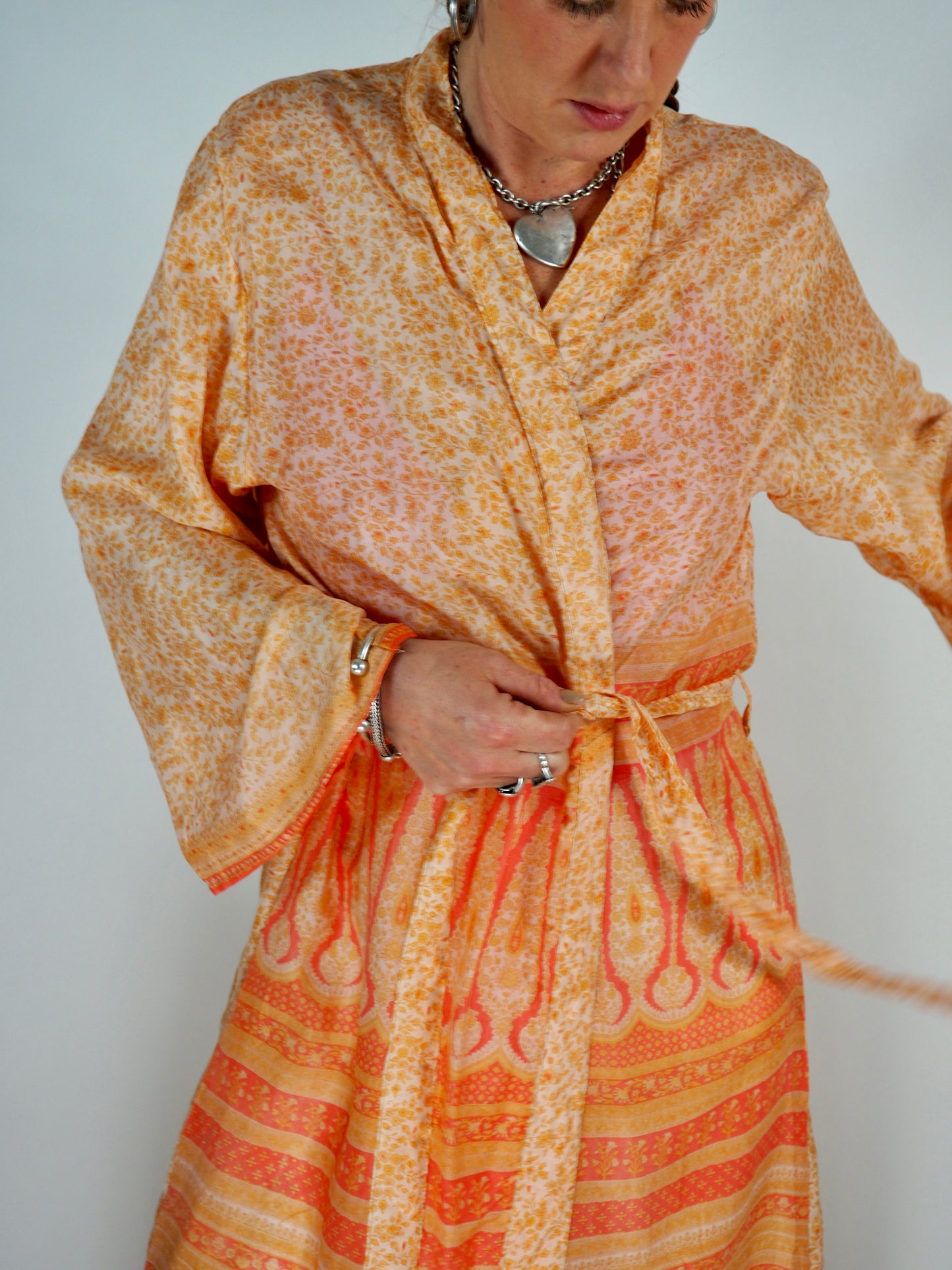 The Kardash Long Kimono – Up-cycled Vintage Sari long Kimono Robe with Waist Tie + Matching Scrunchy & Storage Bag