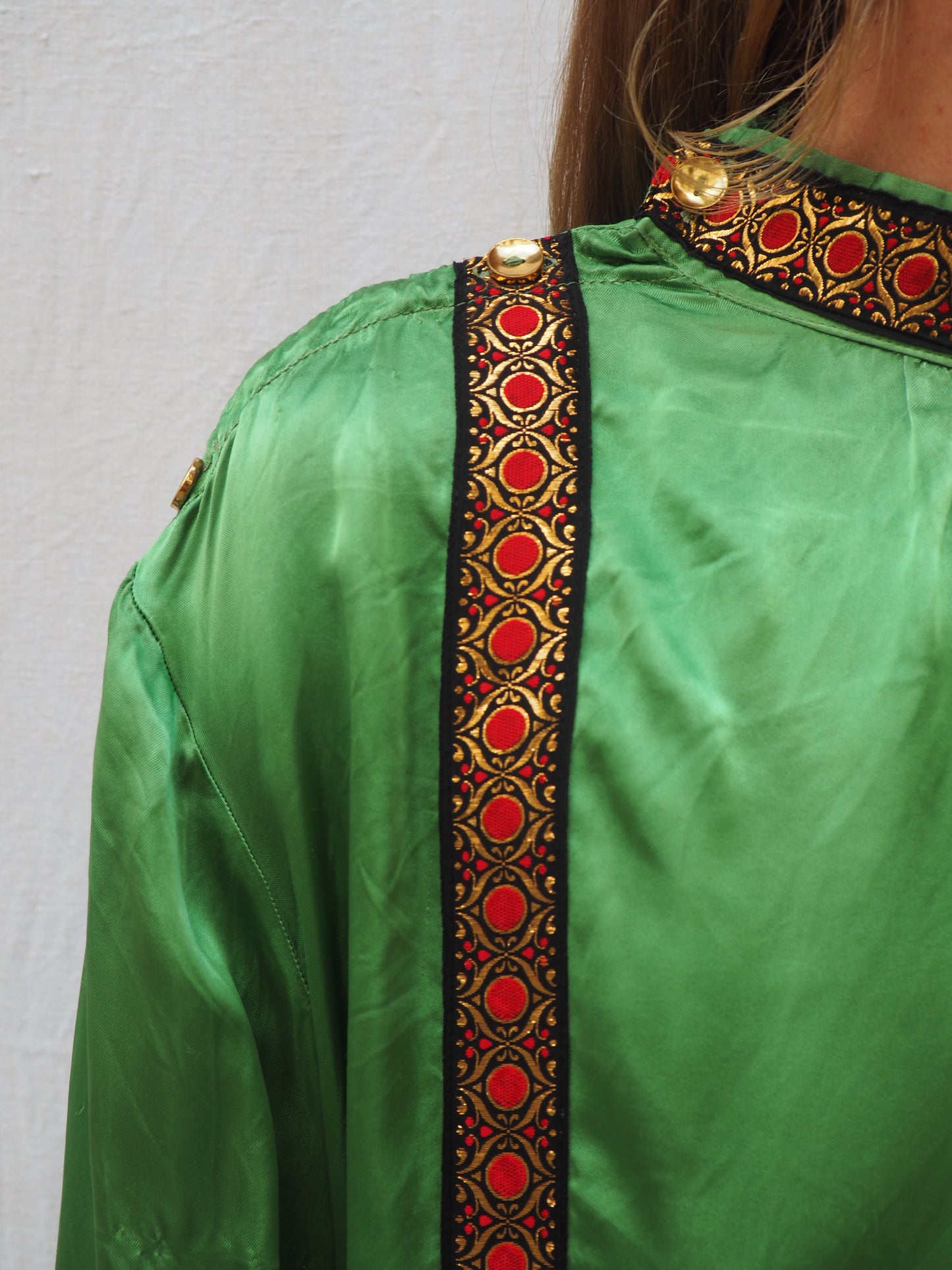 Vintage 1970s Green Satin Jacket with Embellished Trim