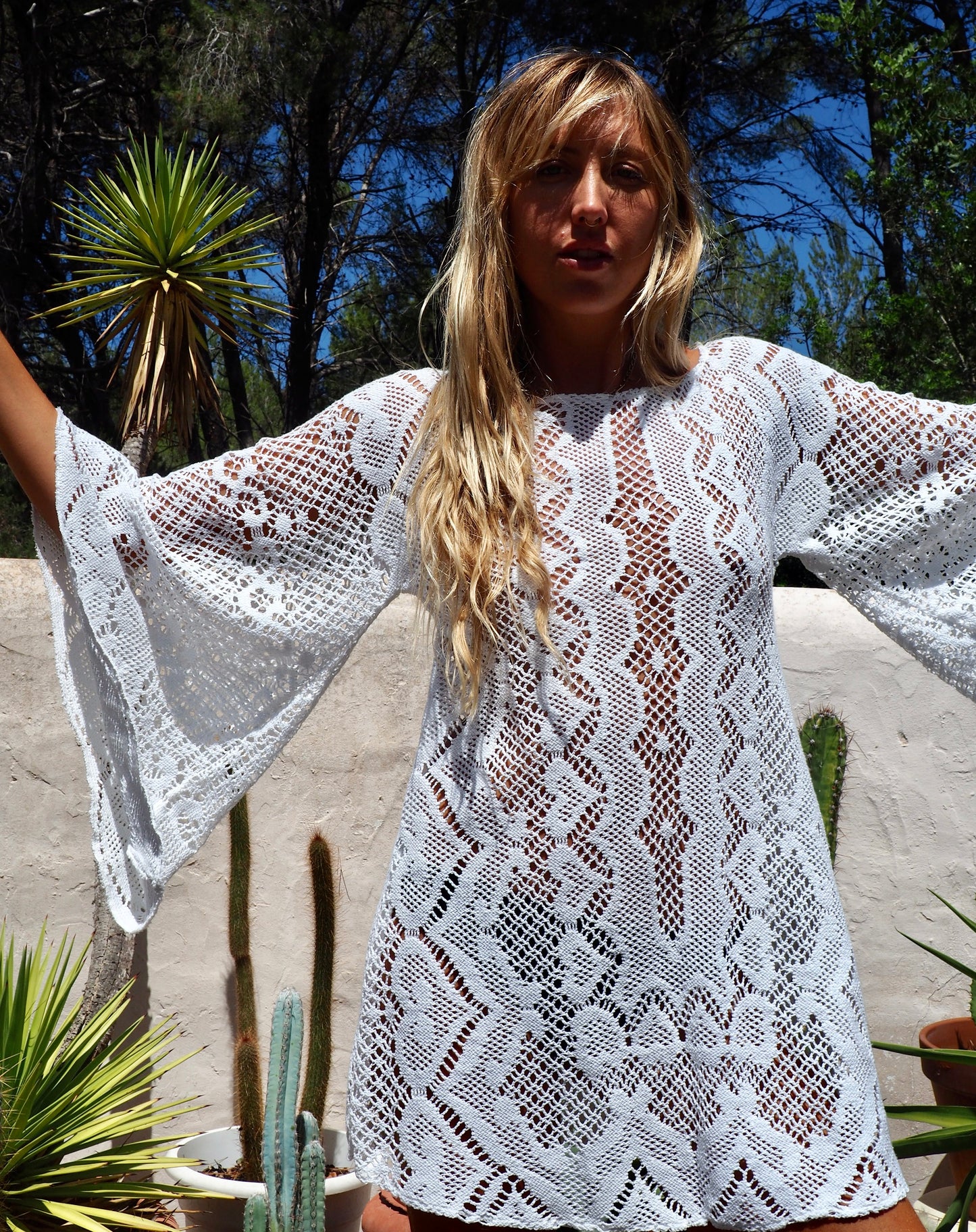 White vintage crochet bell sleeve shirt dress up-cycled by Vagabond Ibiza