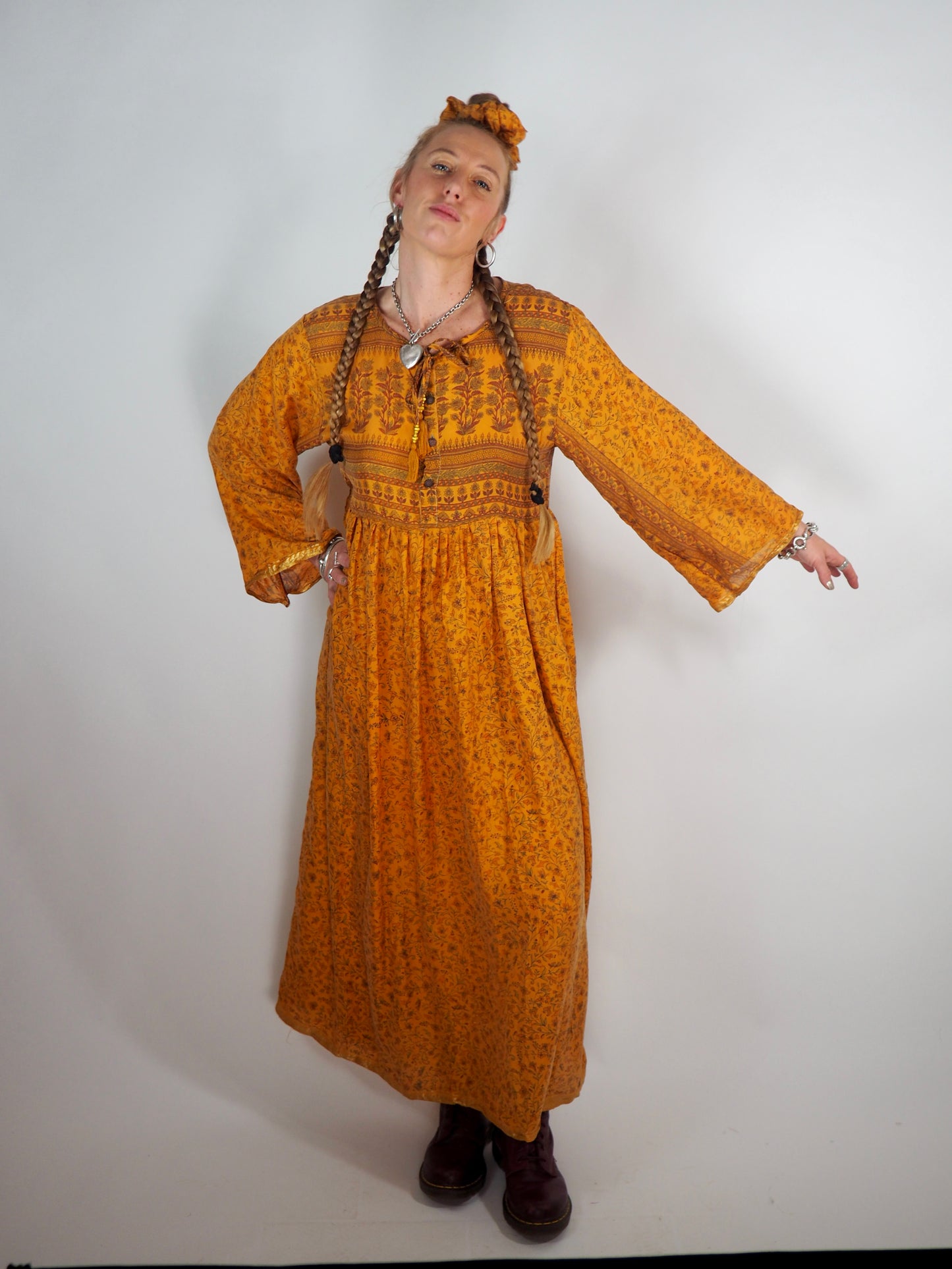 The Vadella Up-cycled Vintage Re-cycled Sari Maxi Dress – Sustainable Boho Dress with Tie Neck Detail + Matching Scrunchy & Bag