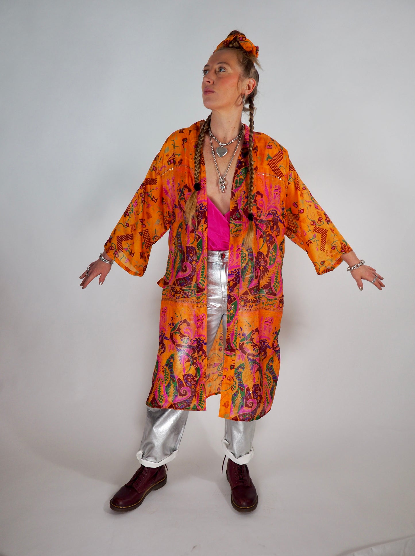 The Kardash Medium-Length Kimono – Up-cycled Vintage Sari Kimono Jacket with Waist Tie + Matching Scrunchy & Storage Bag