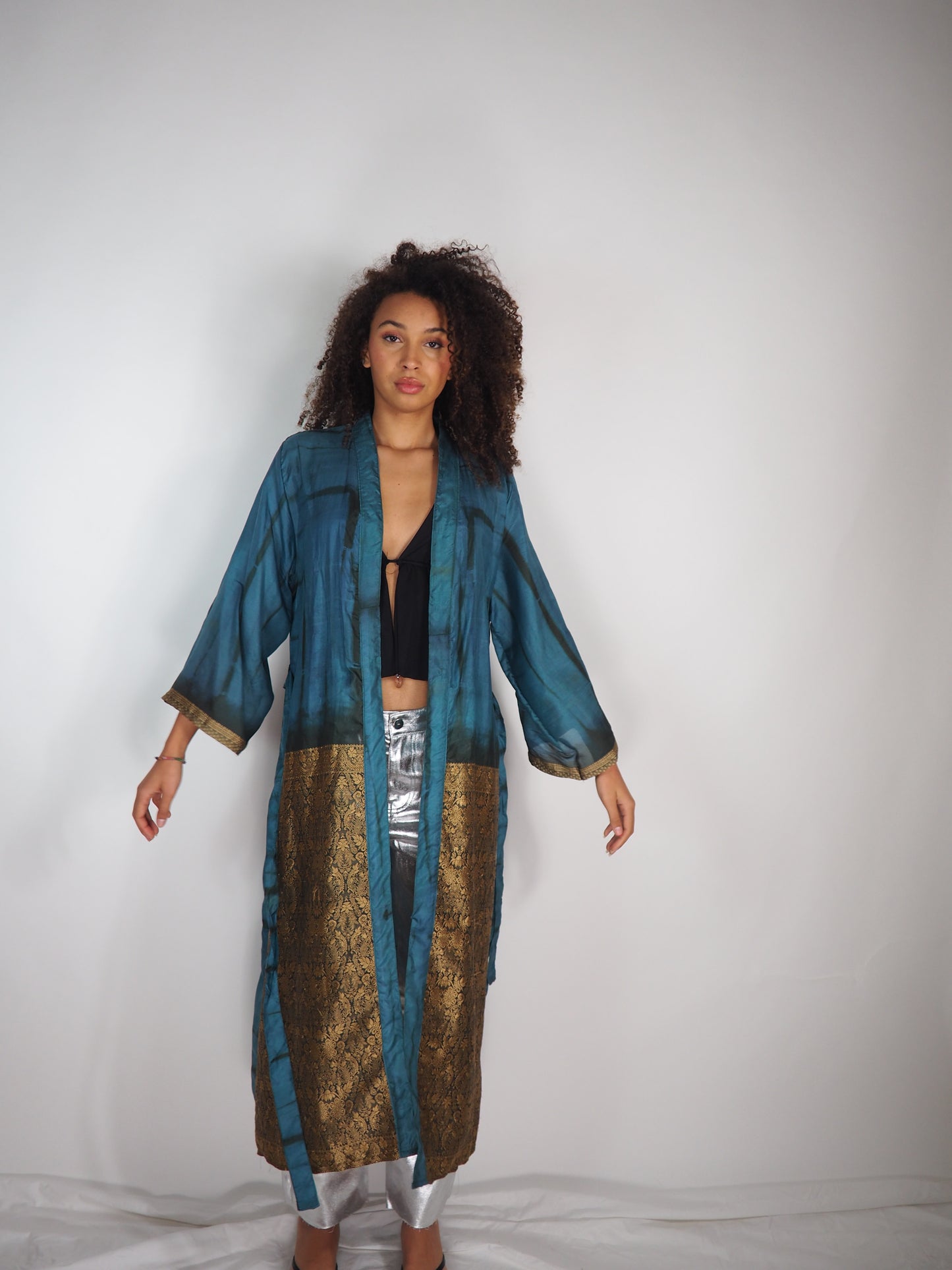 The Kardash Long Kimono – Up-cycled Vintage Sari long Kimono Robe with Waist Tie + Matching Scrunchy & Storage Bag