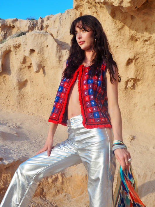 Up-cycled Vintage Cropped Waistcoat in Red and Blue - Made by Vagabond Ibiza