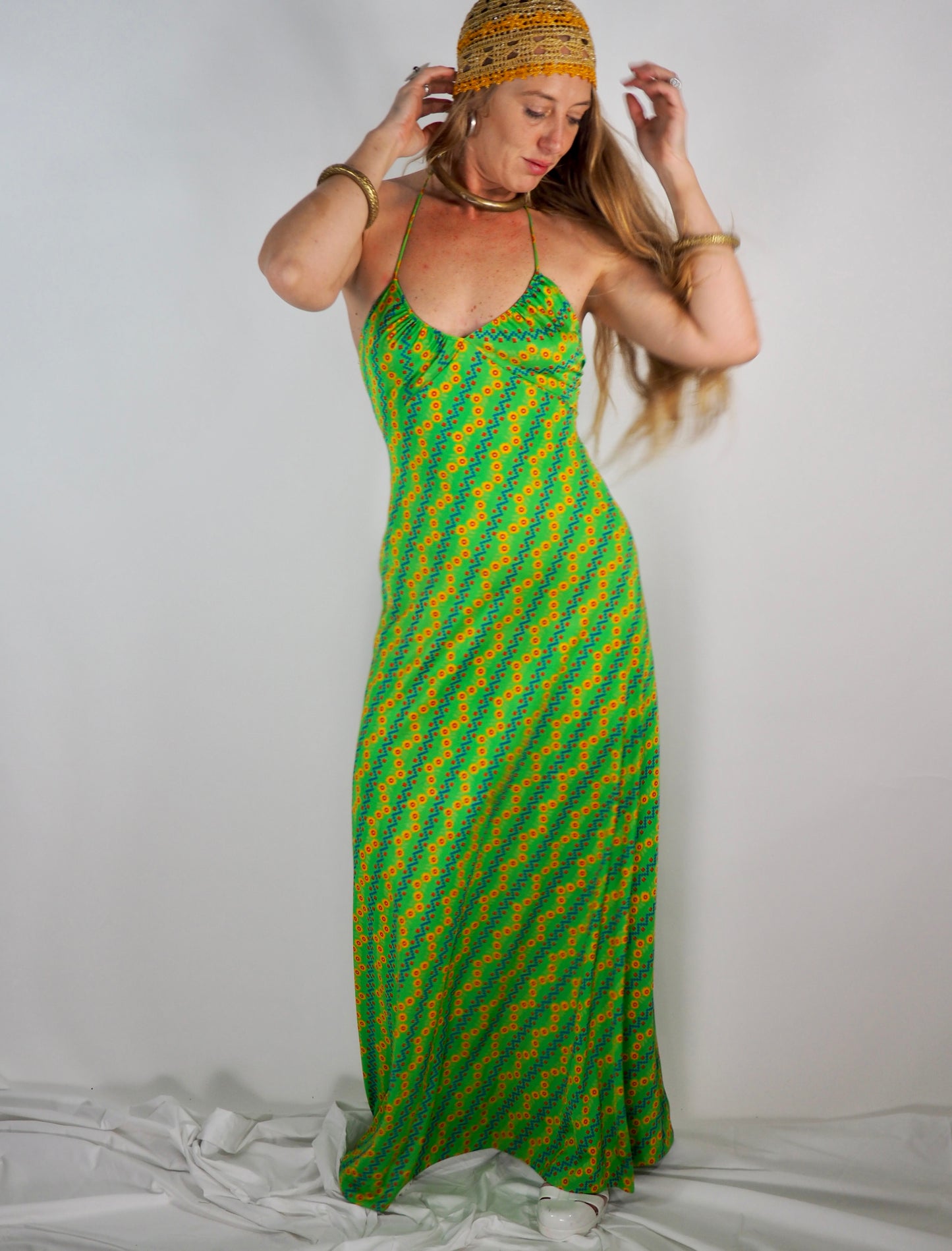 1970s Vintage Maxi Dress - Psychedelic Green Print