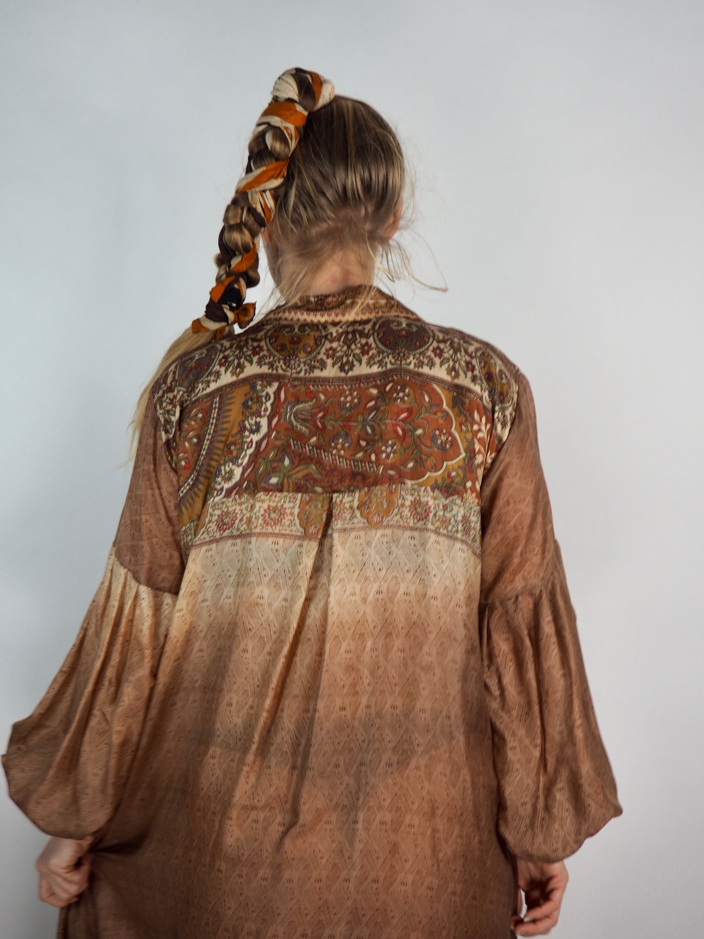 The Lenya Up-cycled Vintage Sari Dress – Sustainable Boho Dress with Oversized Sleeves Matching Scrunchy & Storage Bag