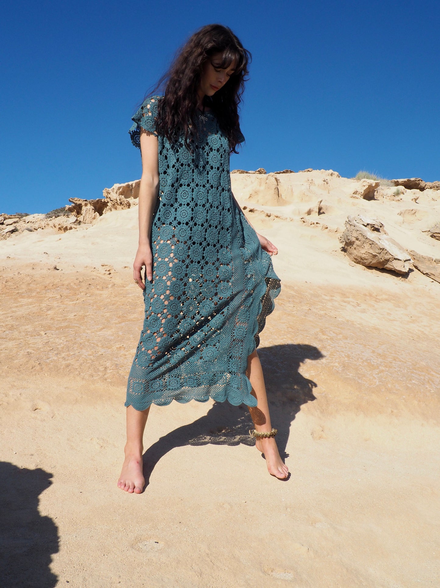 Vagabond Ibiza Upcycled Vintage Crochet Over-Dyed Maxi Dress - Dark Charcoal Grey