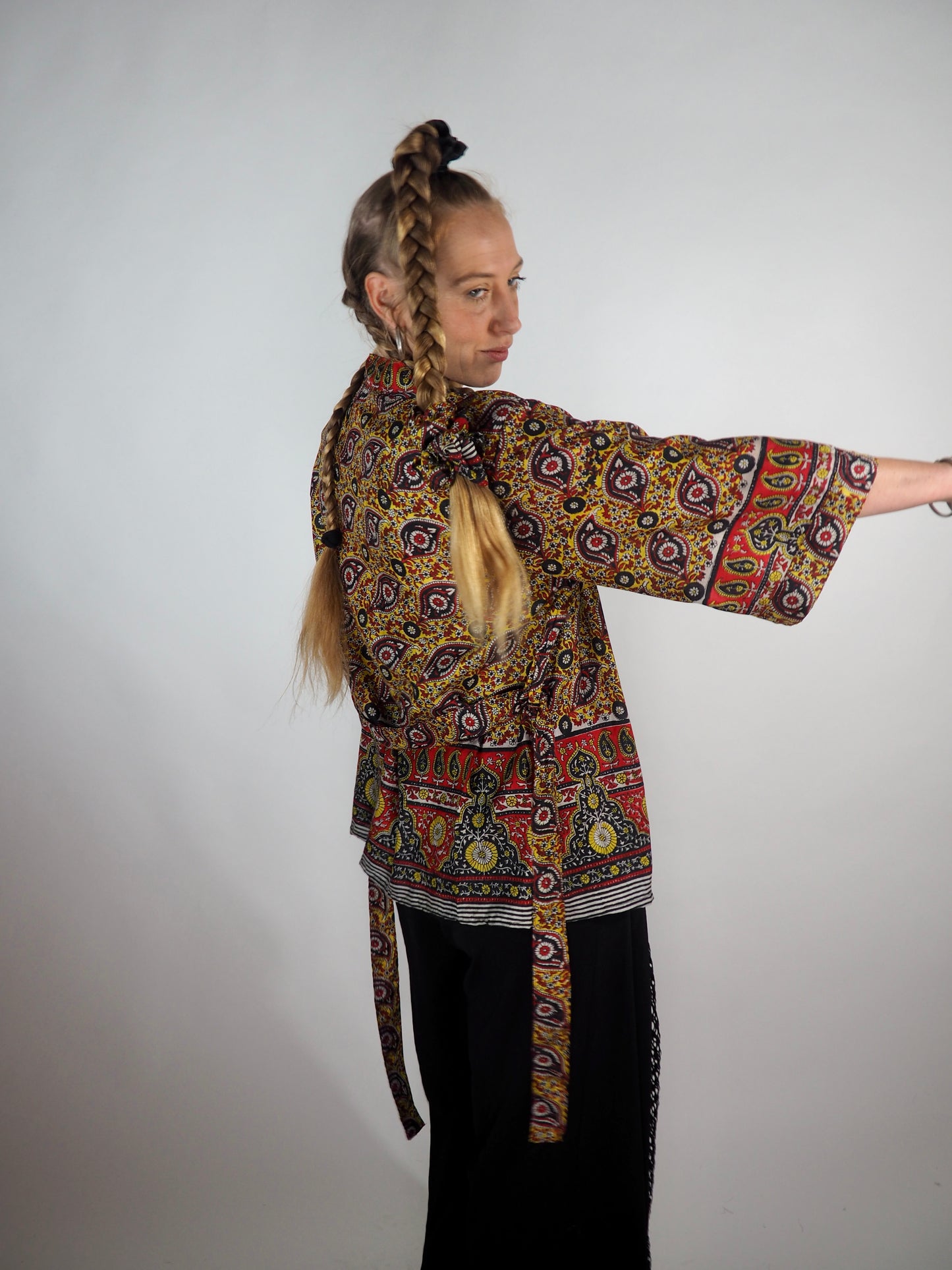 The Kardash Short Kimono – Vintage Re-cycled Sari Kimono Jacket with Waist Tie + Matching Scrunchy & Storage Bag