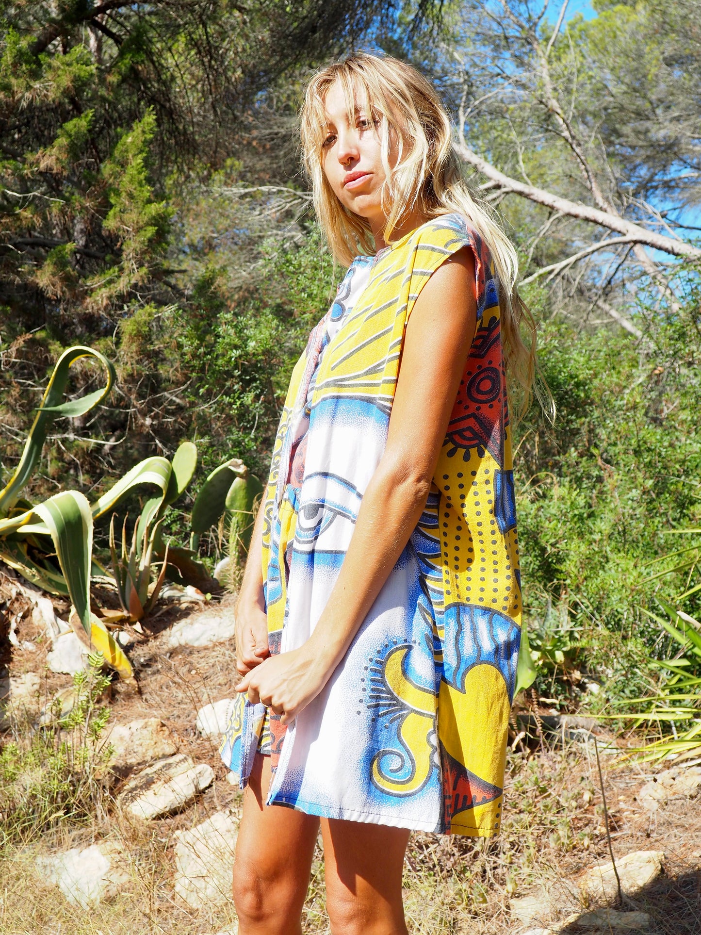 Up-cycled cotton funky bright colourful printed long waistcoat by Vagabond Ibiza