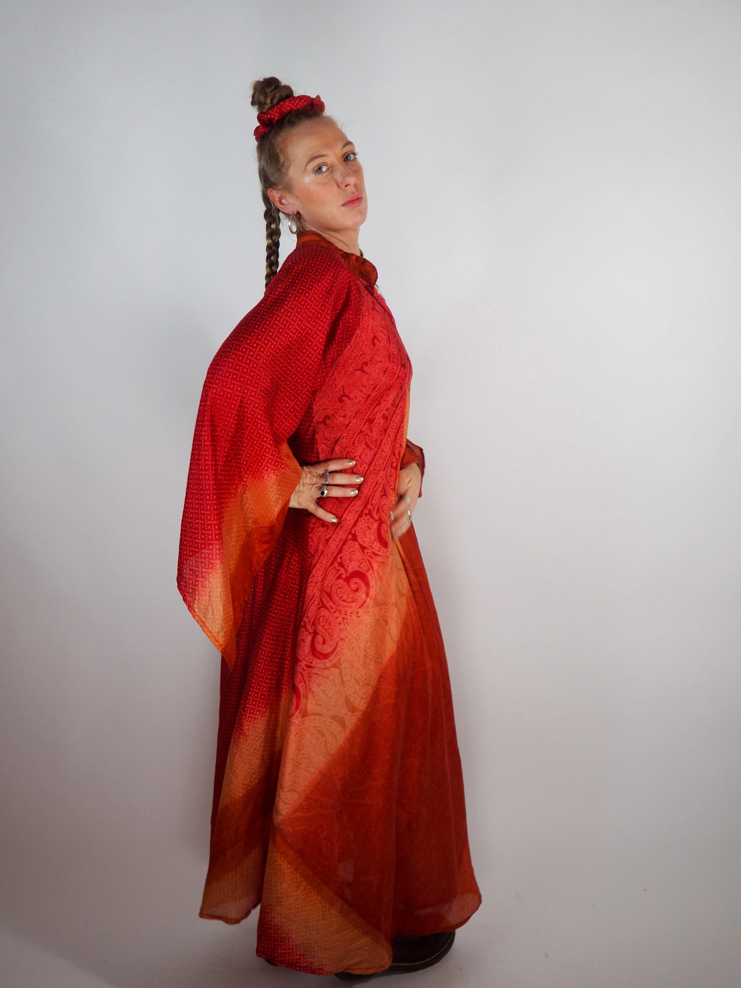 The Diamond Bias-Cut Maxi Dress – Up-cycled Vintage Sari Sustainable Dress with angel Sleeves + Matching Scrunchy & Bag