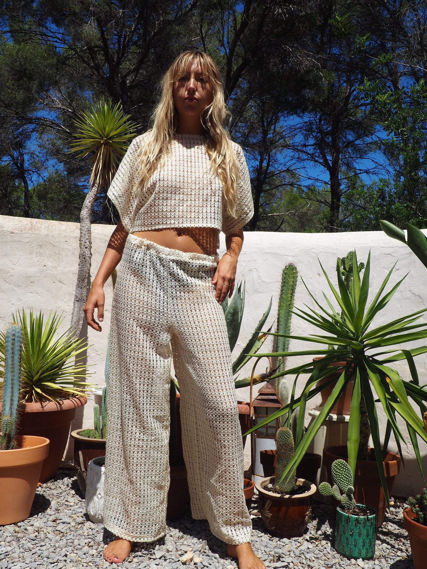 Up-cycled cream mesh woven shear crop top with sleeves by Vagabond Ibiza