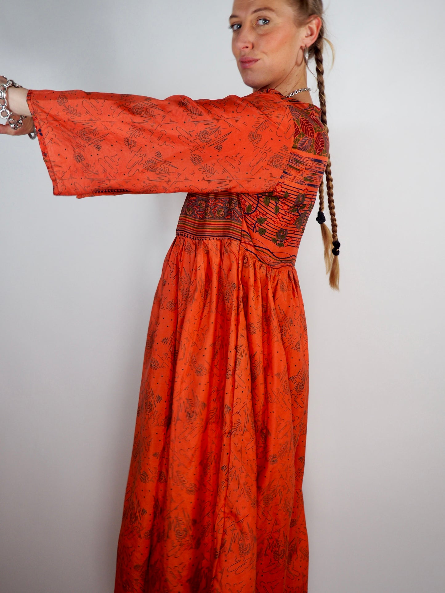 The Vadella Up-cycled Vintage Re-cycled Sari Maxi Dress – Sustainable Boho Dress with Tie Neck Detail + Matching Scrunchy & Bag