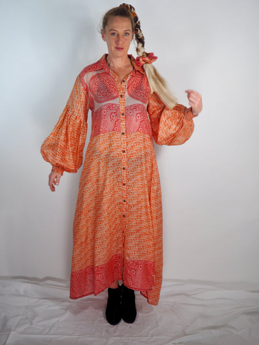 The Lenya Up-cycled Vintage Sari Dress – Sustainable Boho Dress with Oversized Sleeves Matching Scrunchy & Storage Bag