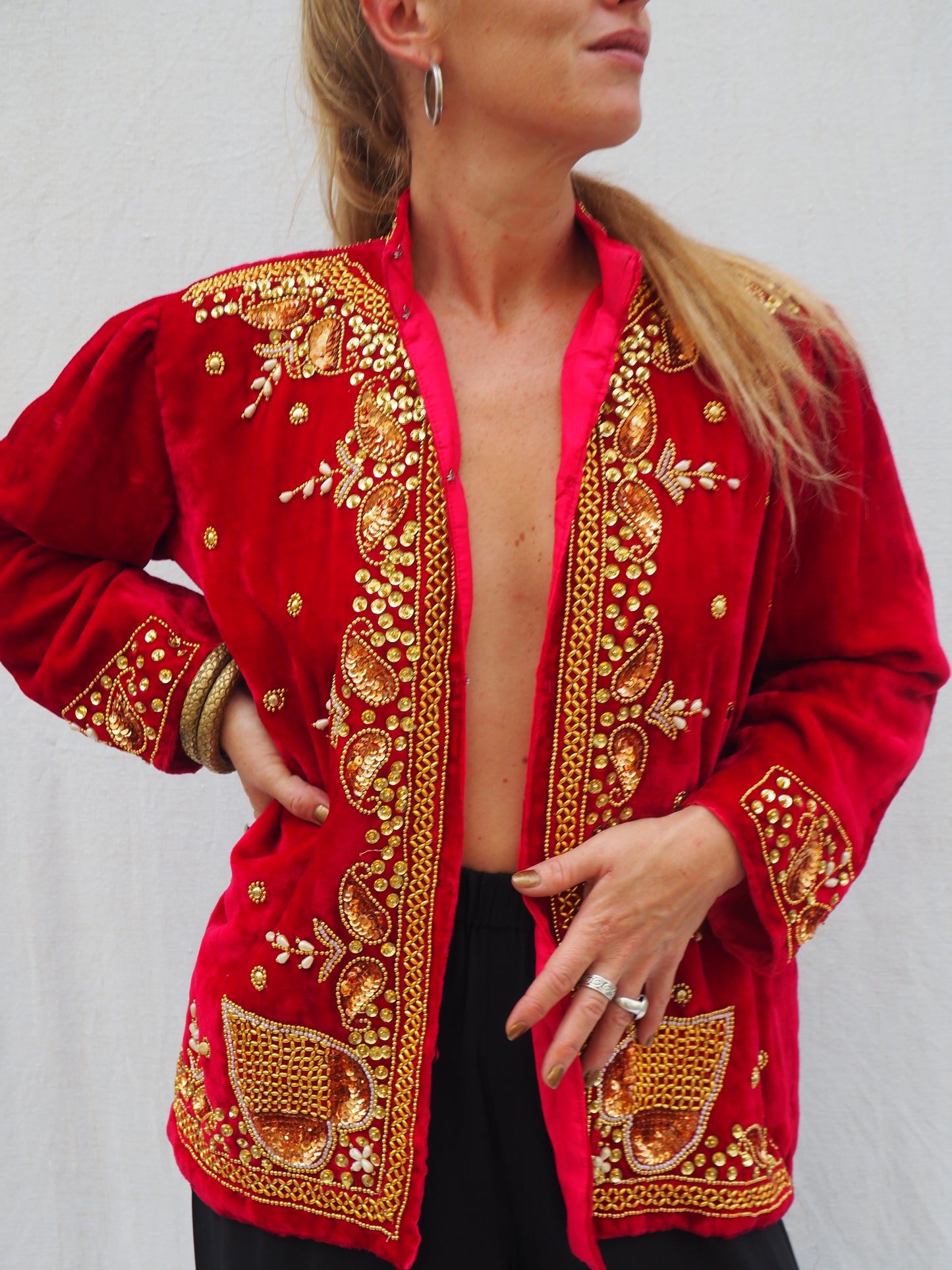 Vintage 1980s Red Velvet Jacket with Gold Sequin and Beaded Detailing