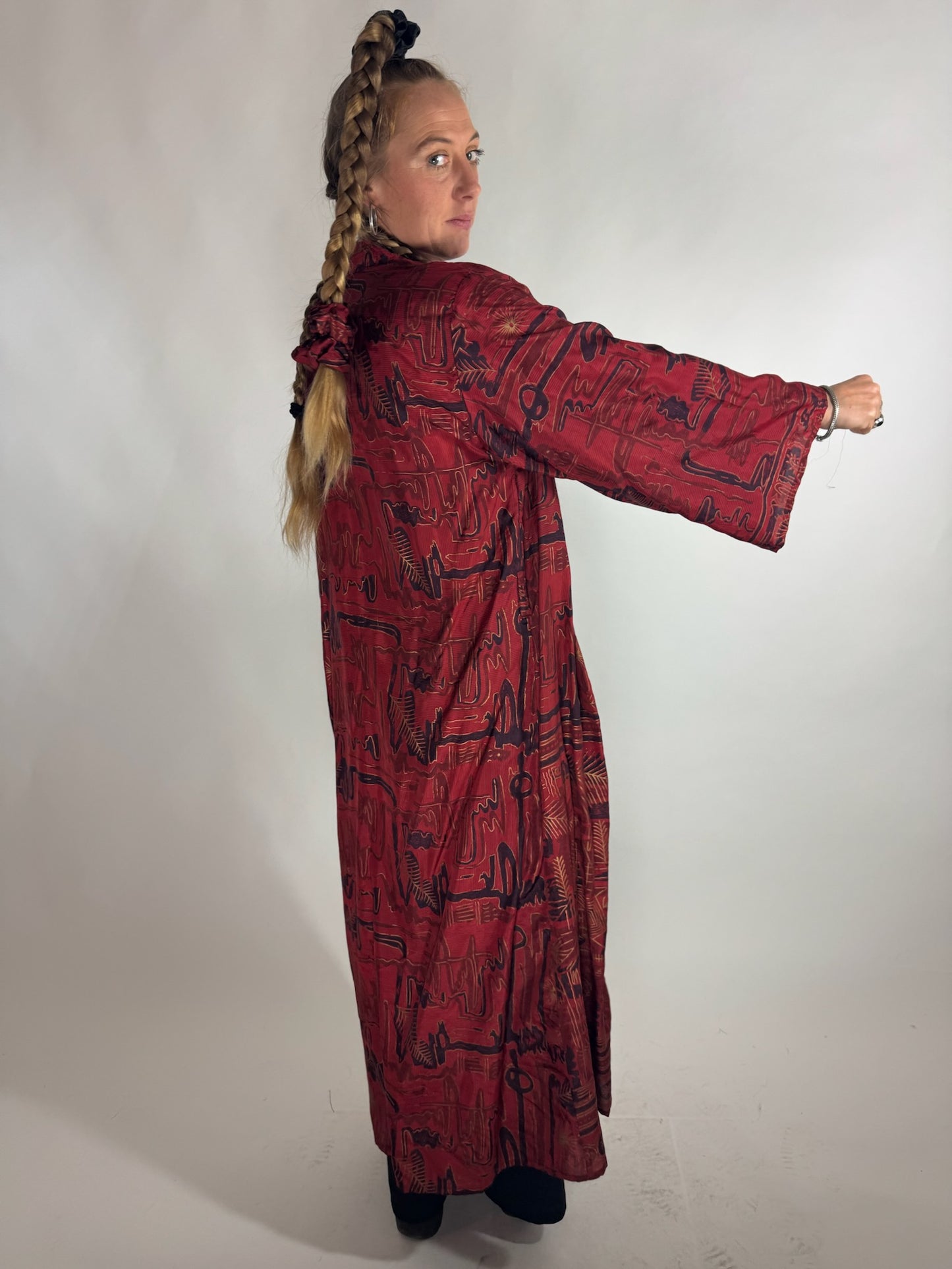 The Kardash Long Kimono – Up-cycled Vintage Sari long Kimono Robe with Waist Tie + Matching Scrunchy & Storage Bag